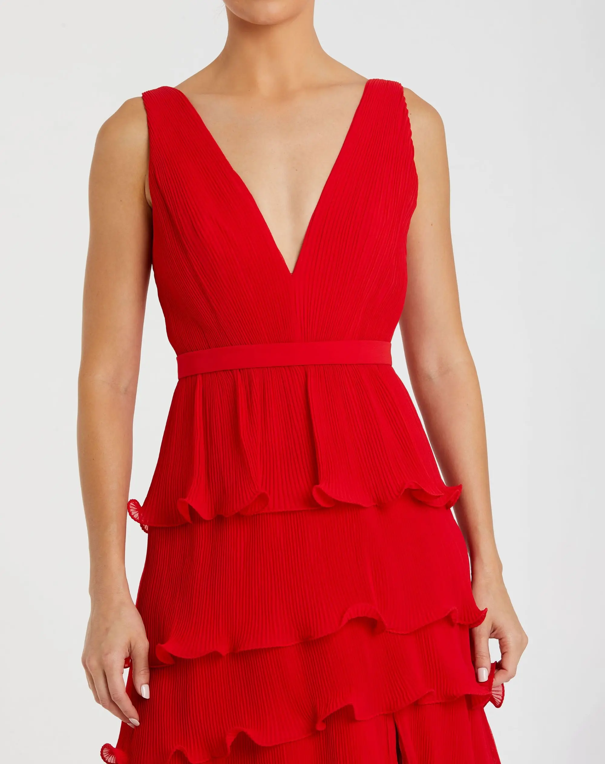 Red Sleeveless Ruffle Tiered V Neck Gown - Image 2