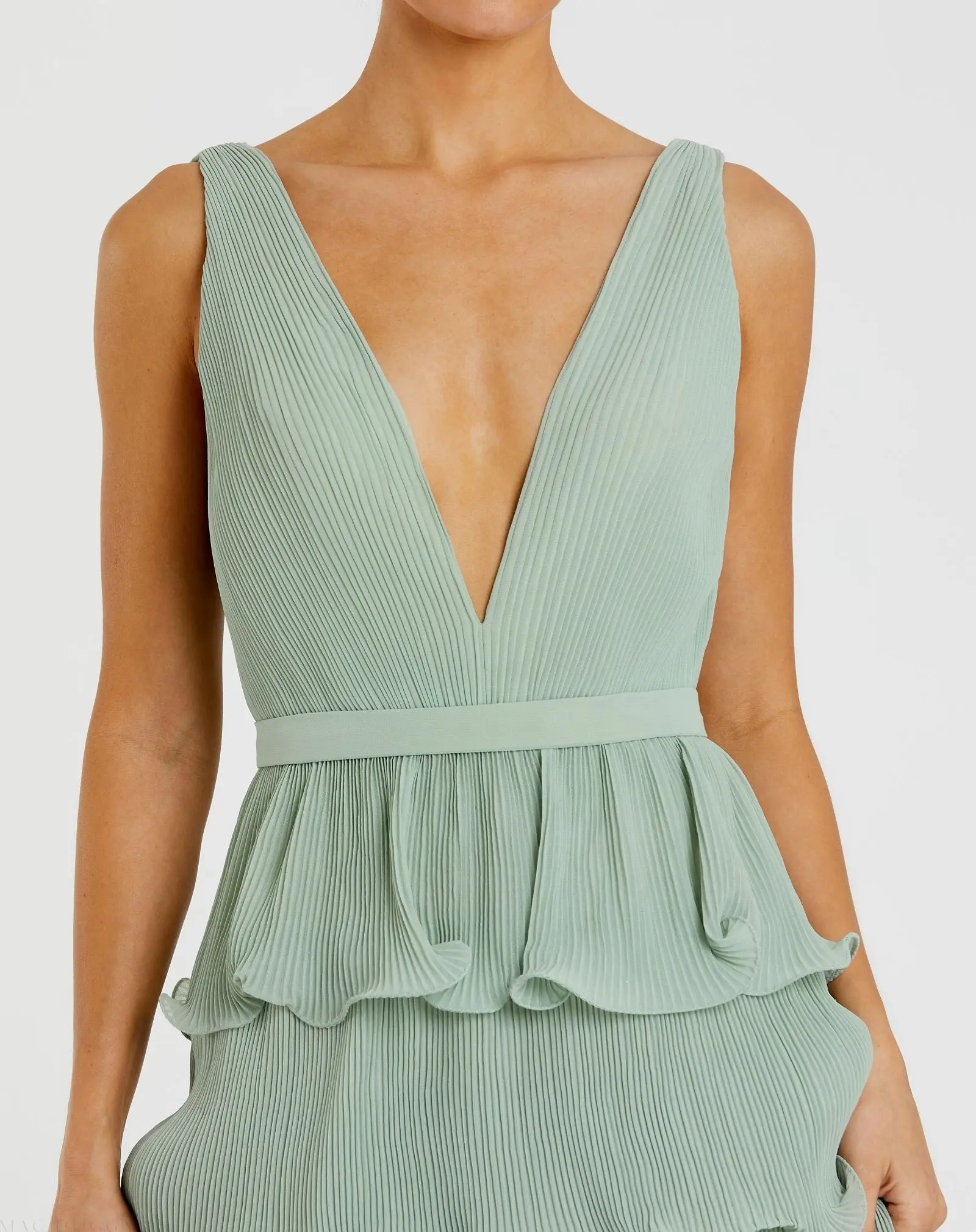 Green Sleeveless Ruffle Tiered V Neck Gown - Image 2