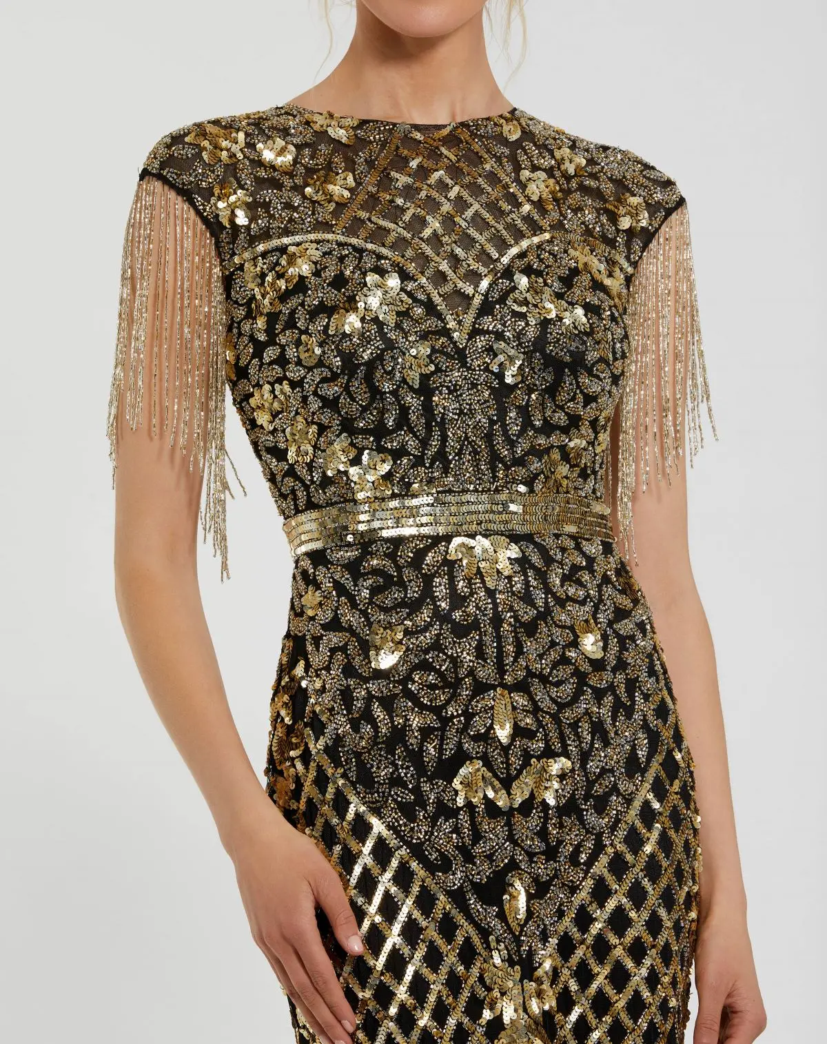 Black High Neck Beaded Fringe Fitted Gown - Image 2