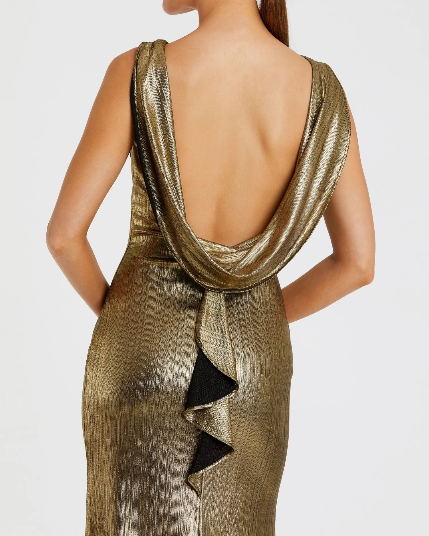Gold Metallic Jersey Cowl Back Column Gown - Image 2