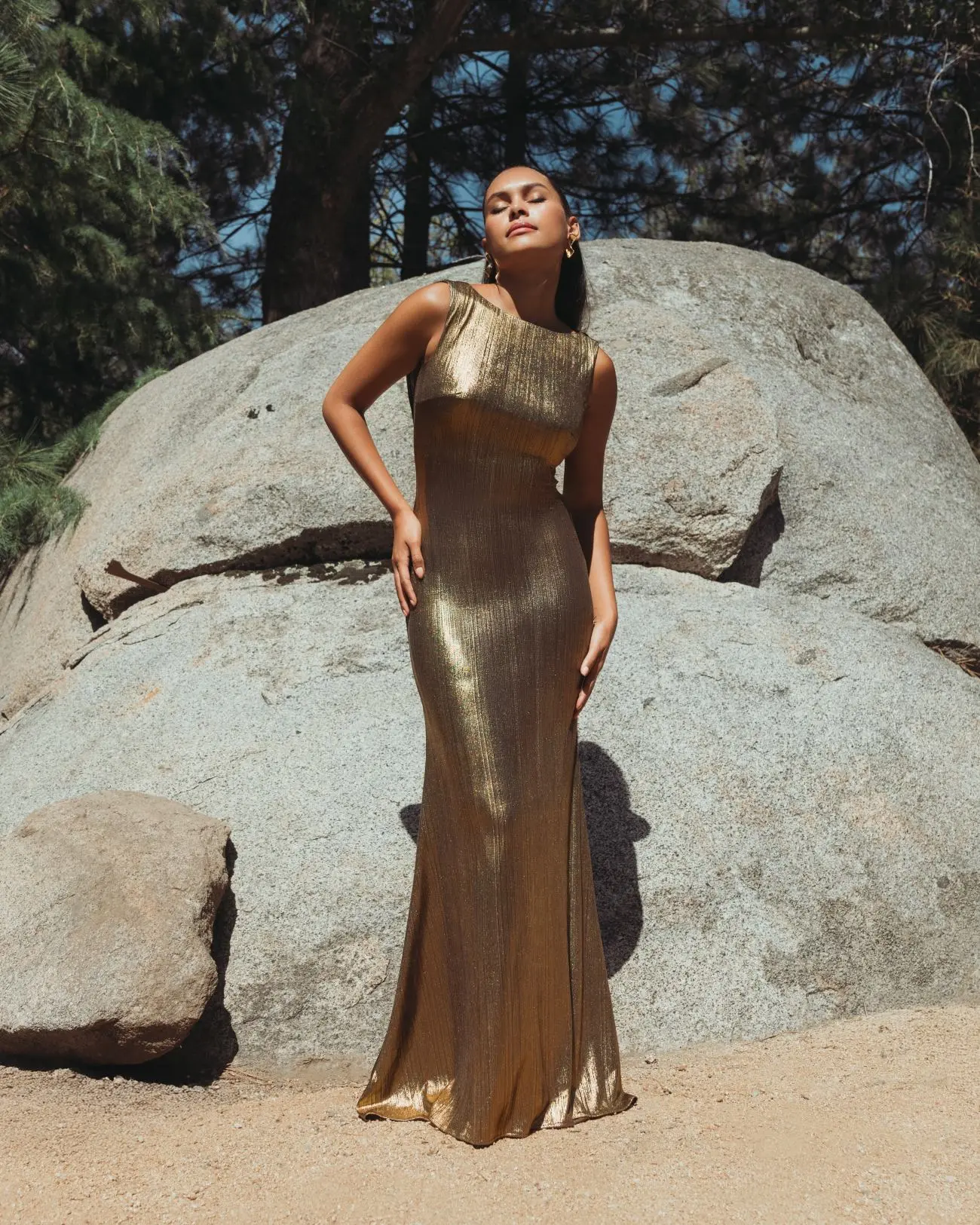 Gold Metallic Jersey Cowl Back Column Gown - Image 4
