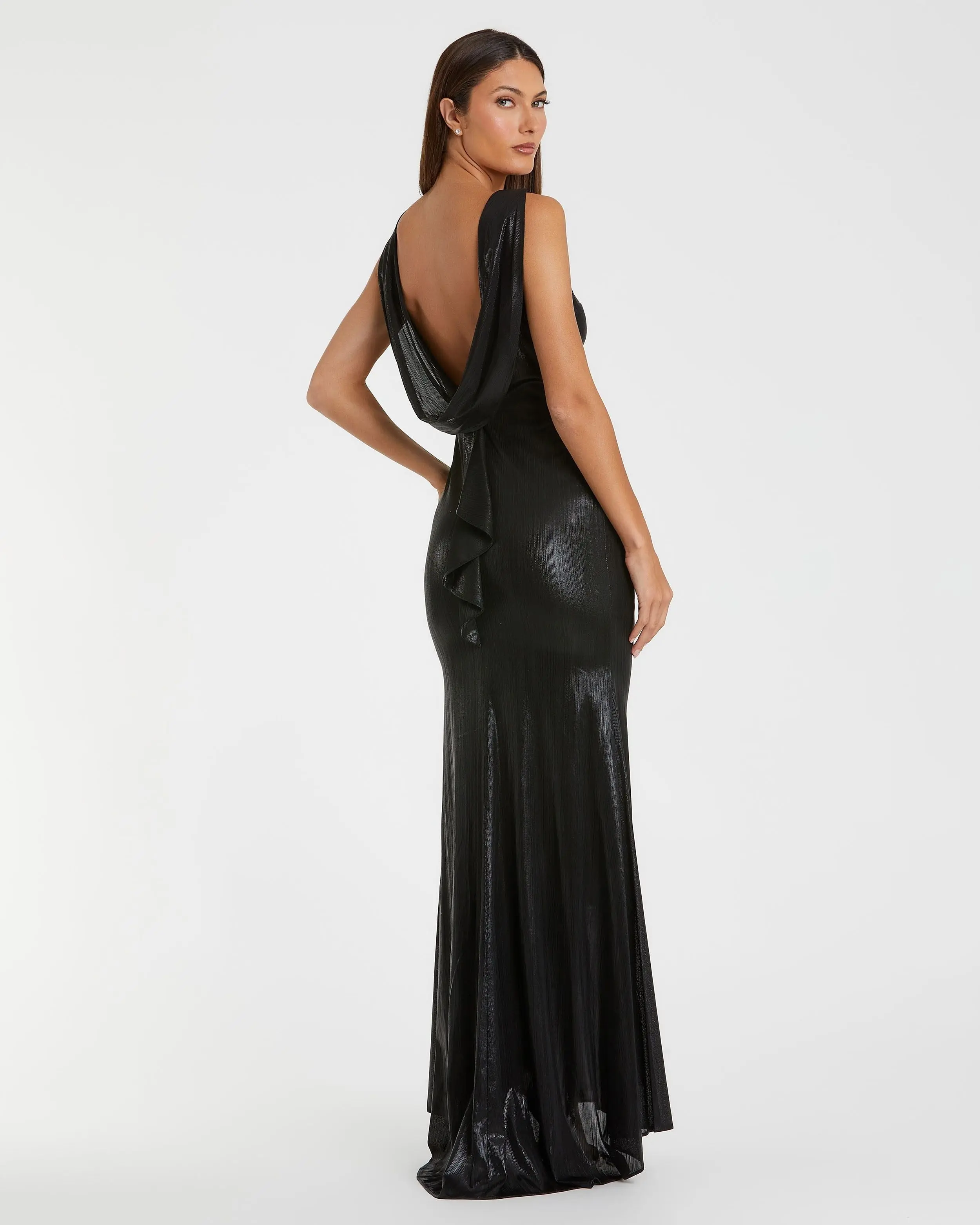 Black Metallic Jersey Cowl Back Column Gown - Image 3