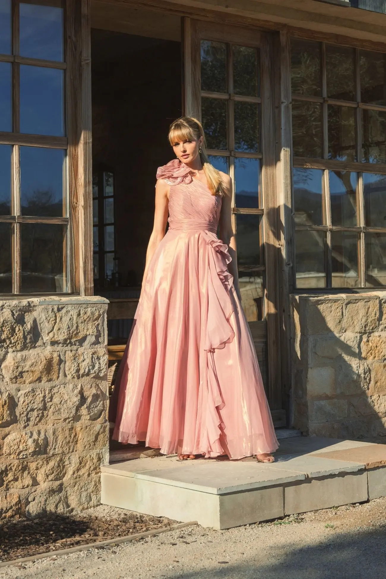 Pink Iridescent One Shoulder Rosette Ball Gown - Image 4