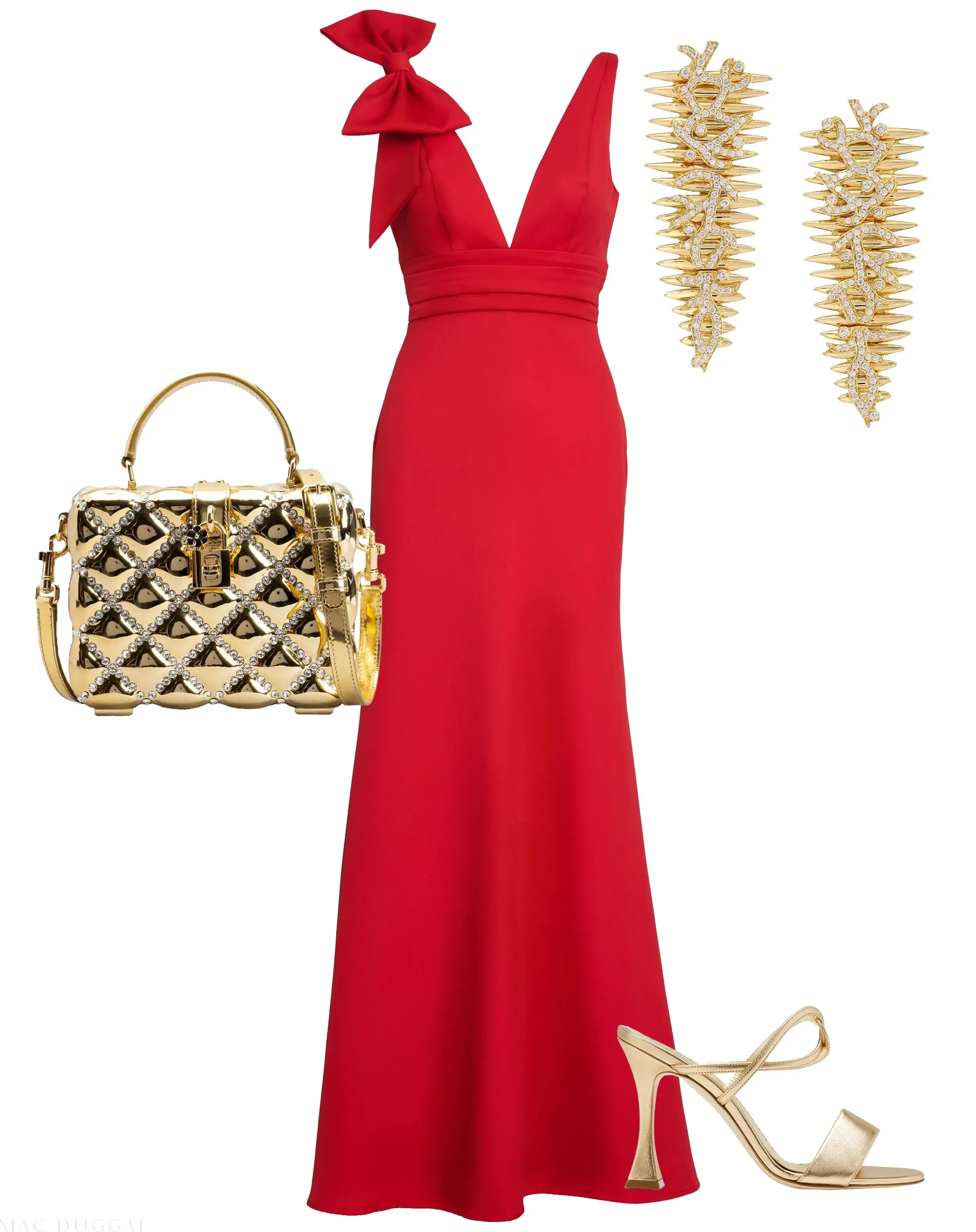 Red Sleeveless V Neck Bow Detail Mermaid Gown - Image 4