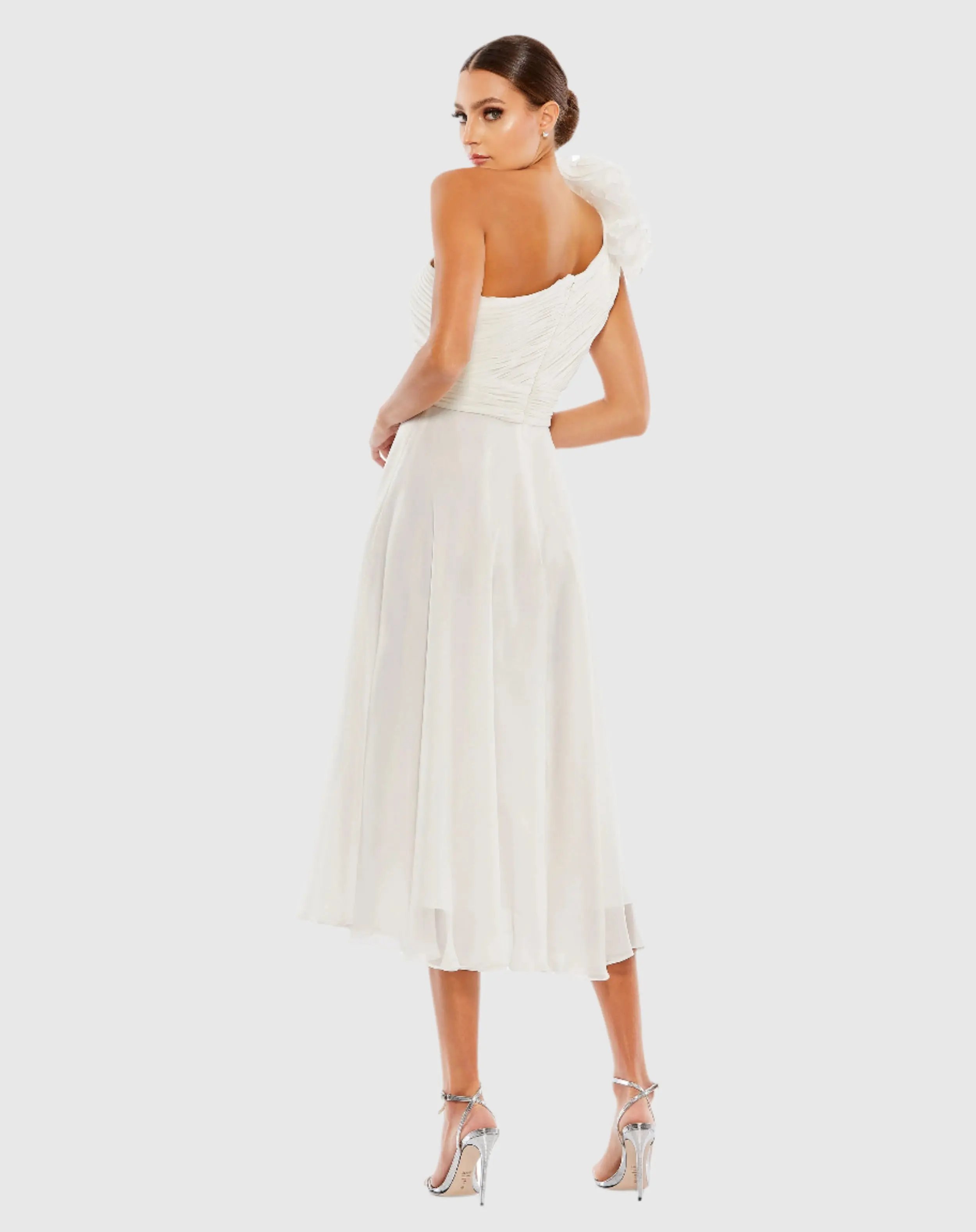 White Rosette One Shoulder Tea Length Dress - Image 4