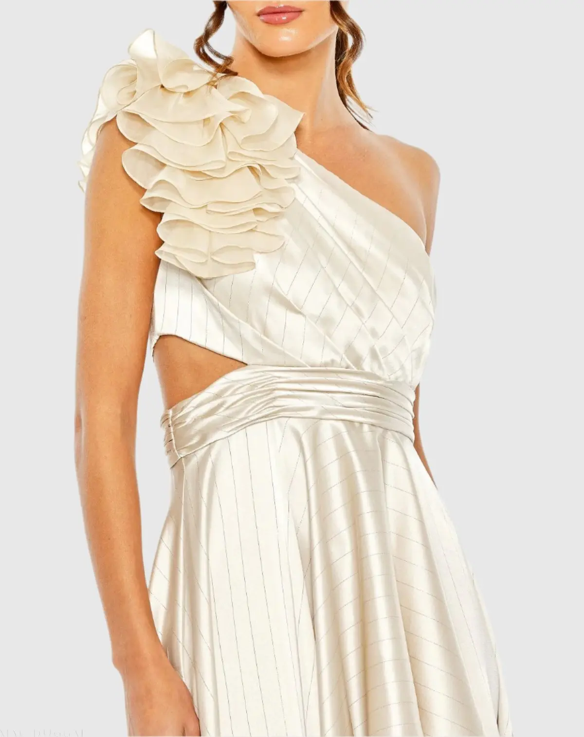 Beige Ruffled One Shoulder Cut Out Hi-Low Gown - Image 2
