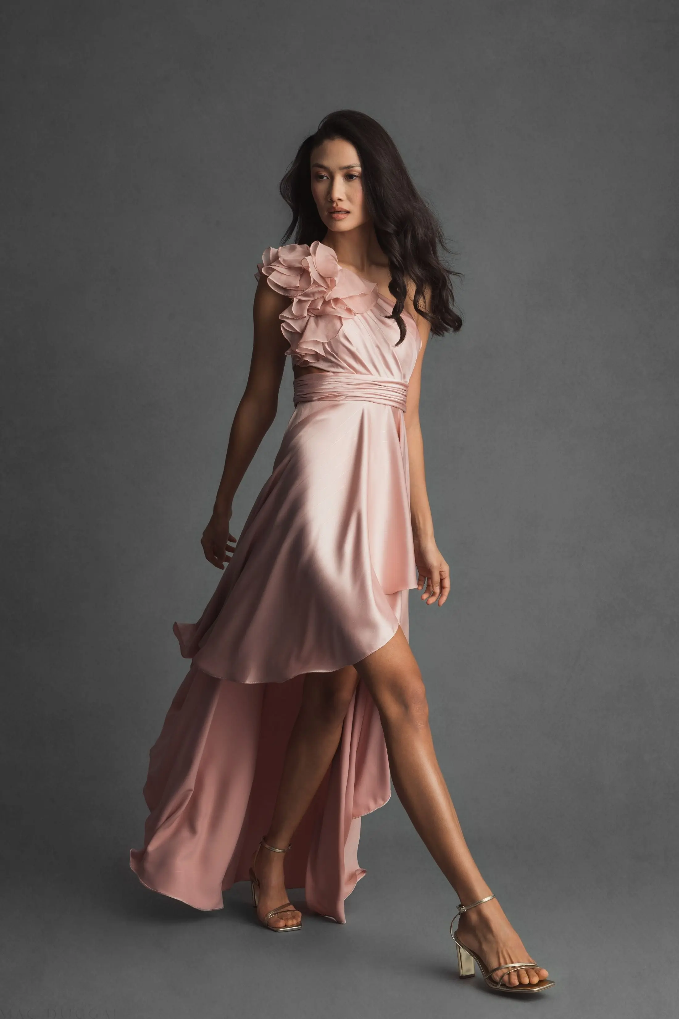 Pink Ruffled One Shoulder Cut Out Hi-Low Gown - Image 6