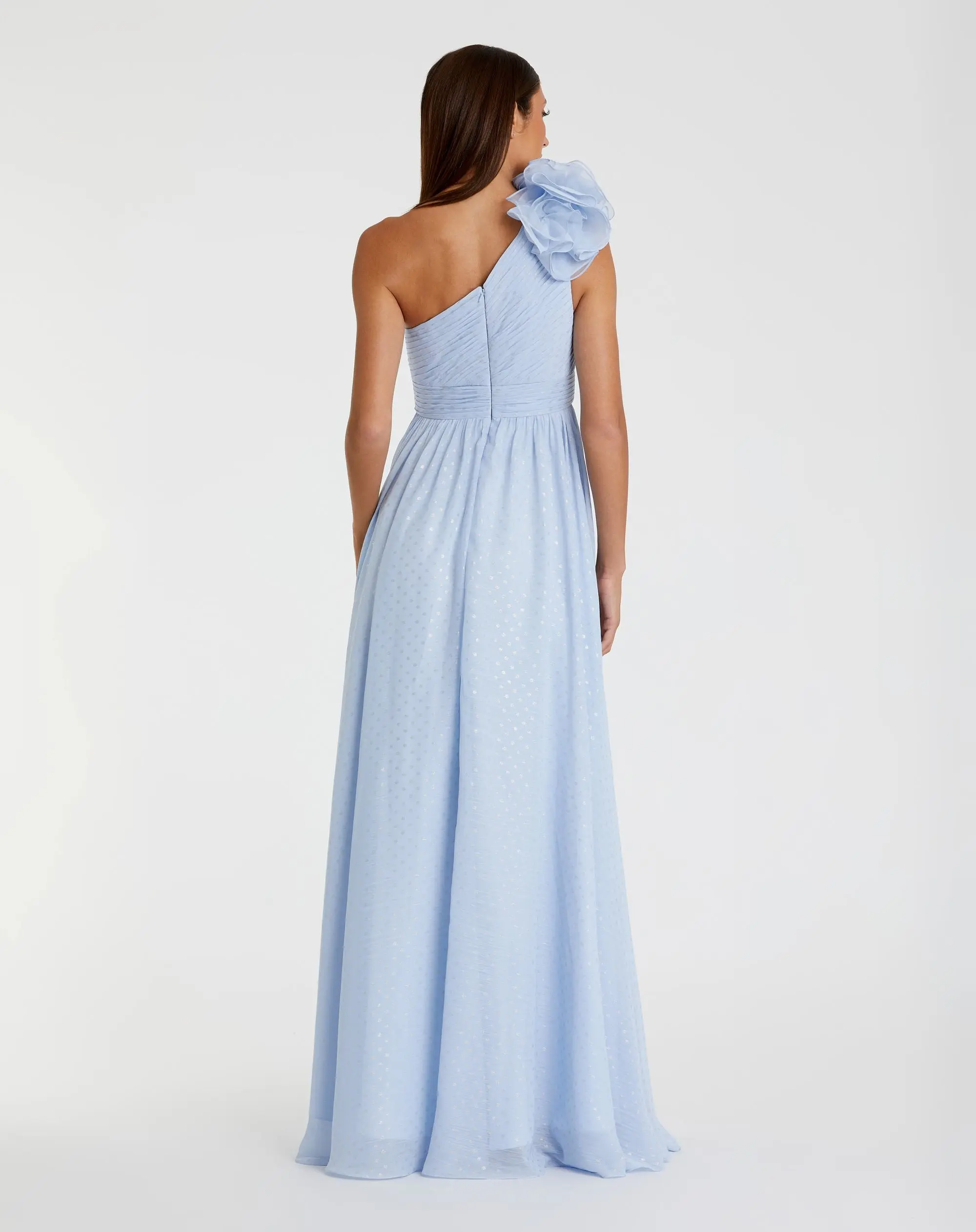 Blue One Shoulder Polka Dot Chiffon Gown With Ruffle Detail - Image 3