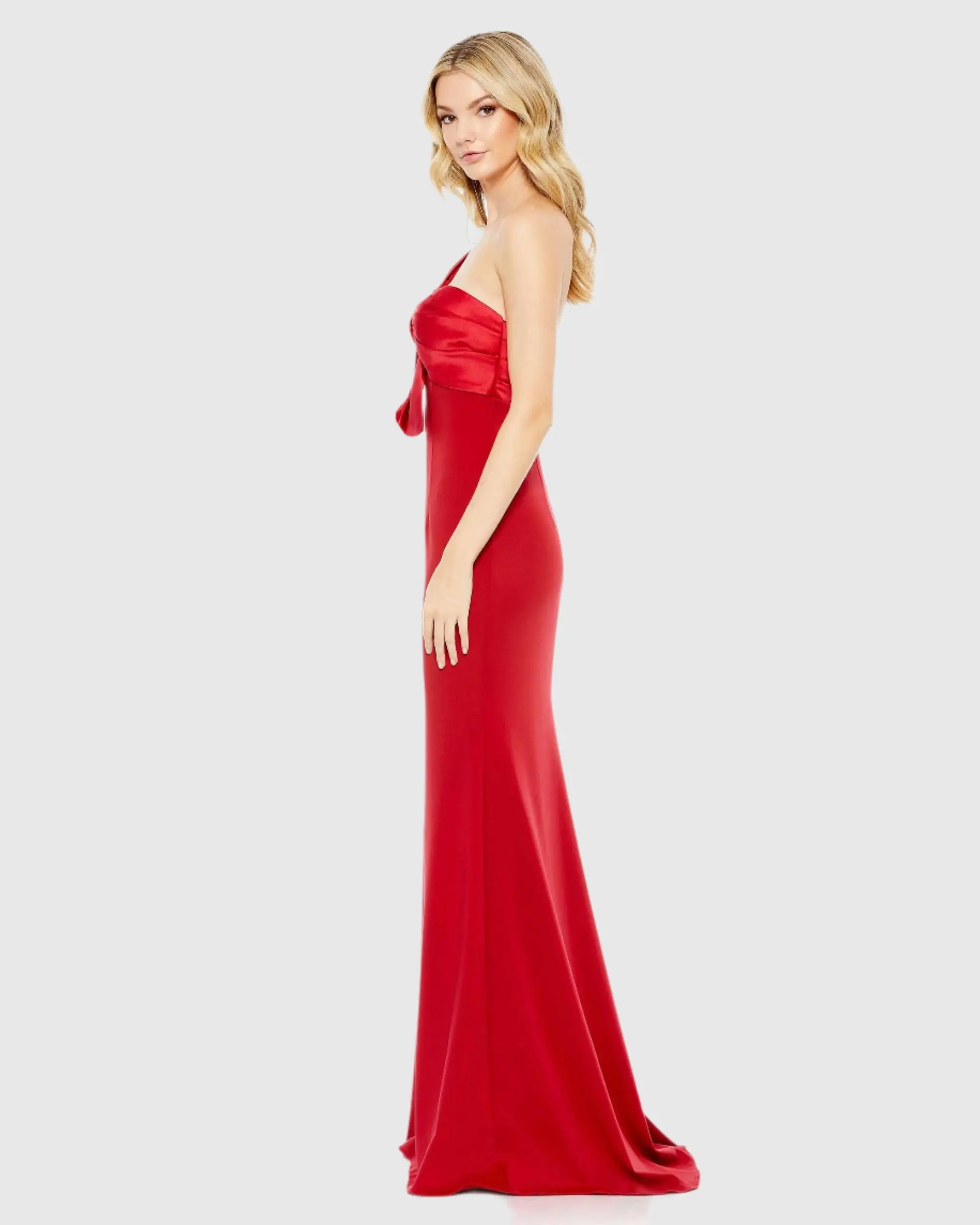 Red One Shoulder Draped Trumpet Gown - Image 3