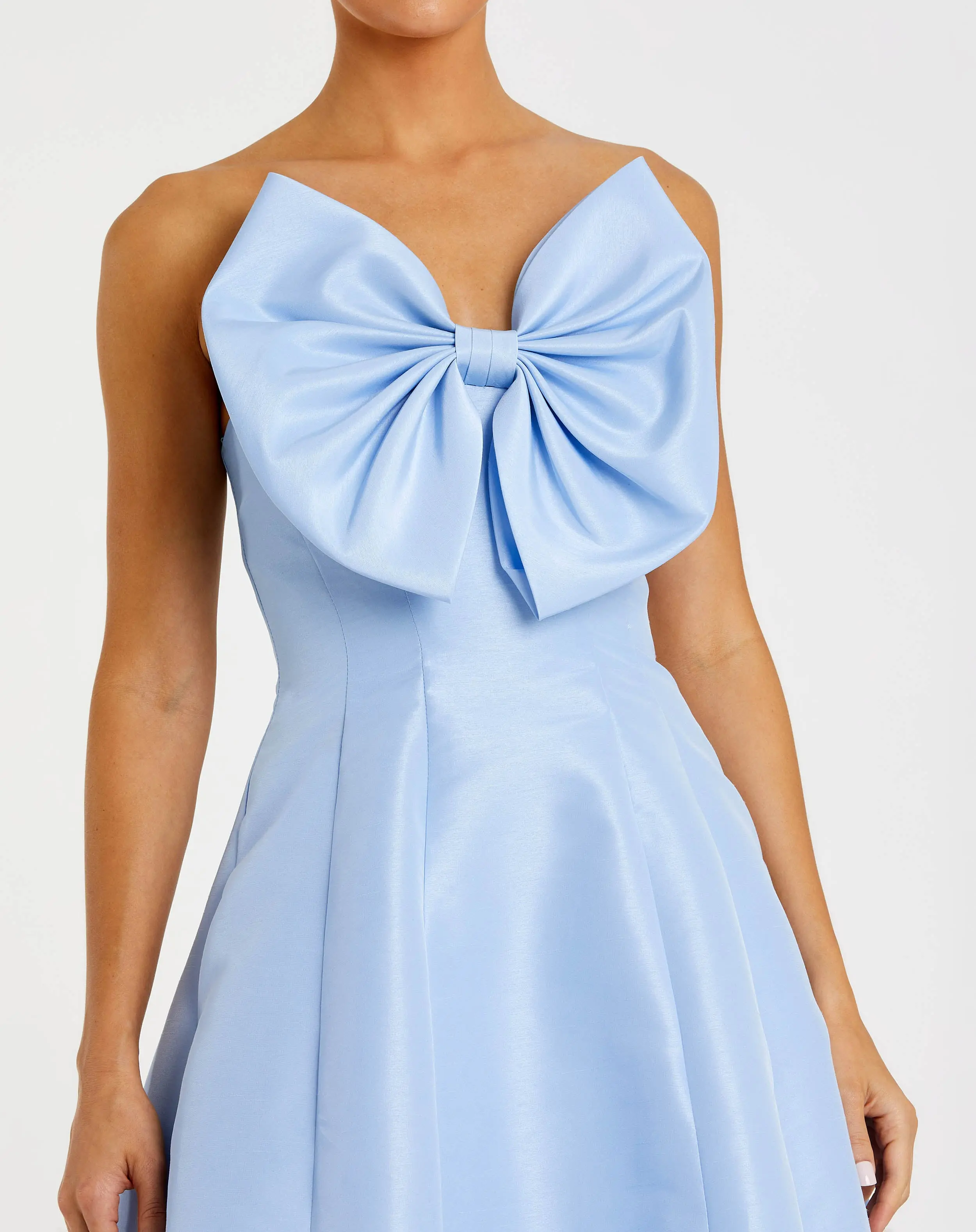 Blue Strapless A-Line Tea Length Statement Bow Dress - Image 2