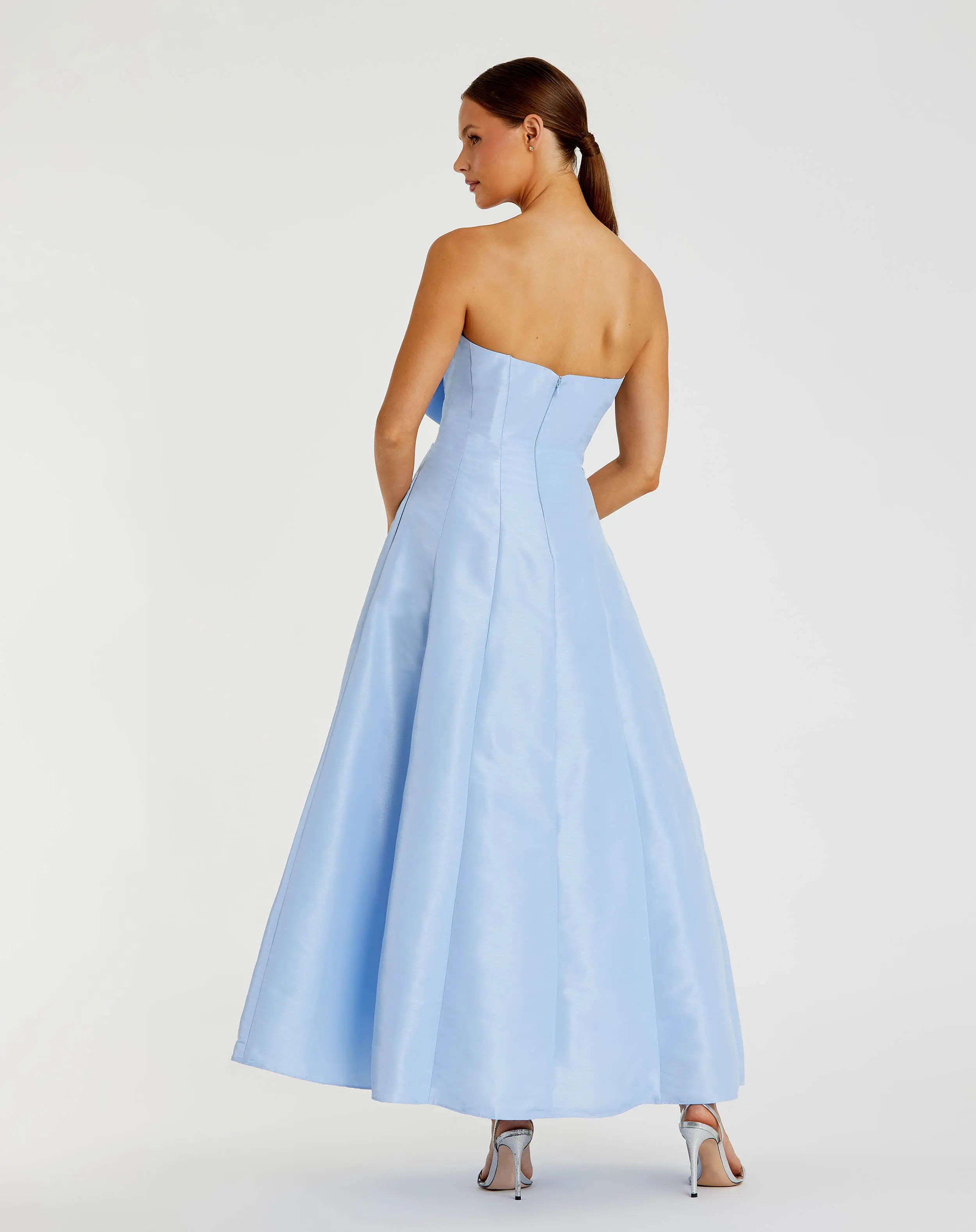 Blue Strapless A-Line Tea Length Statement Bow Dress - Image 3