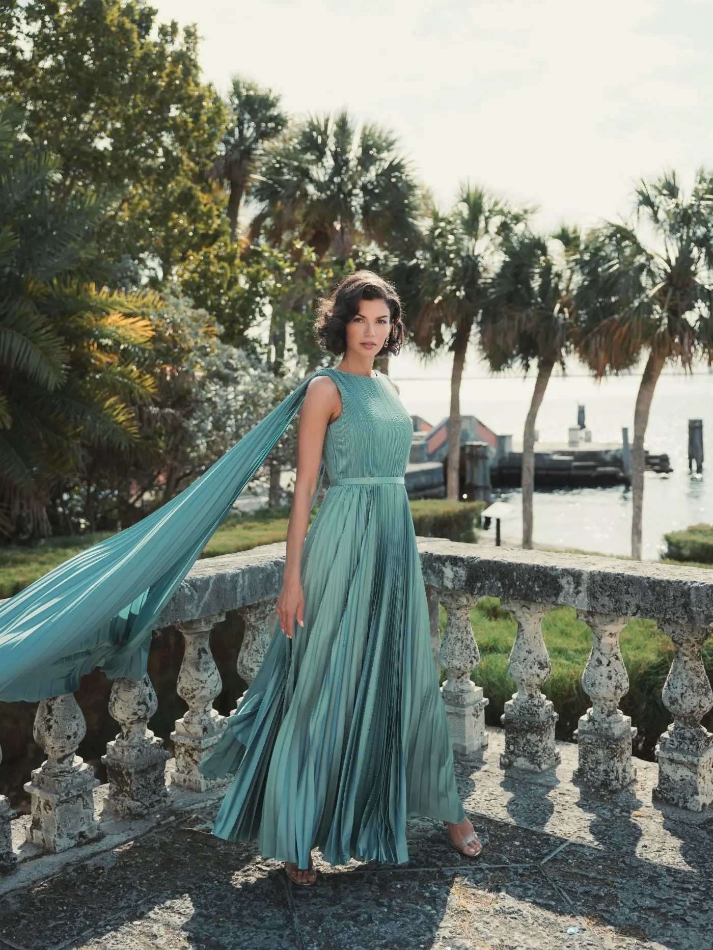 Green Pleated Cape Back Gown - Image 7