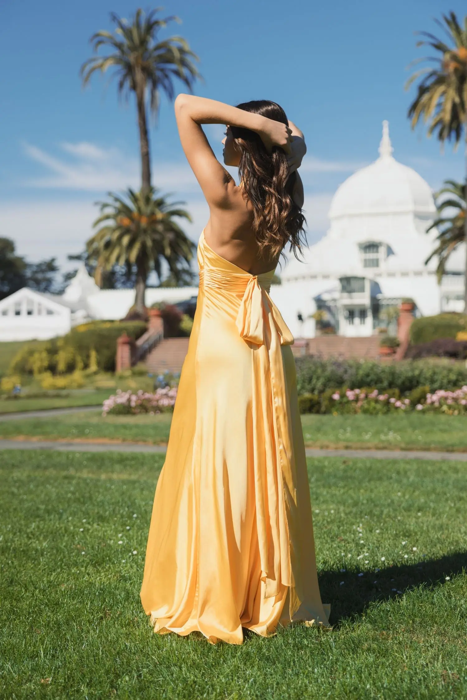 Yellow Ruched Halter Neck Tie Back Satin Gown - Image 6