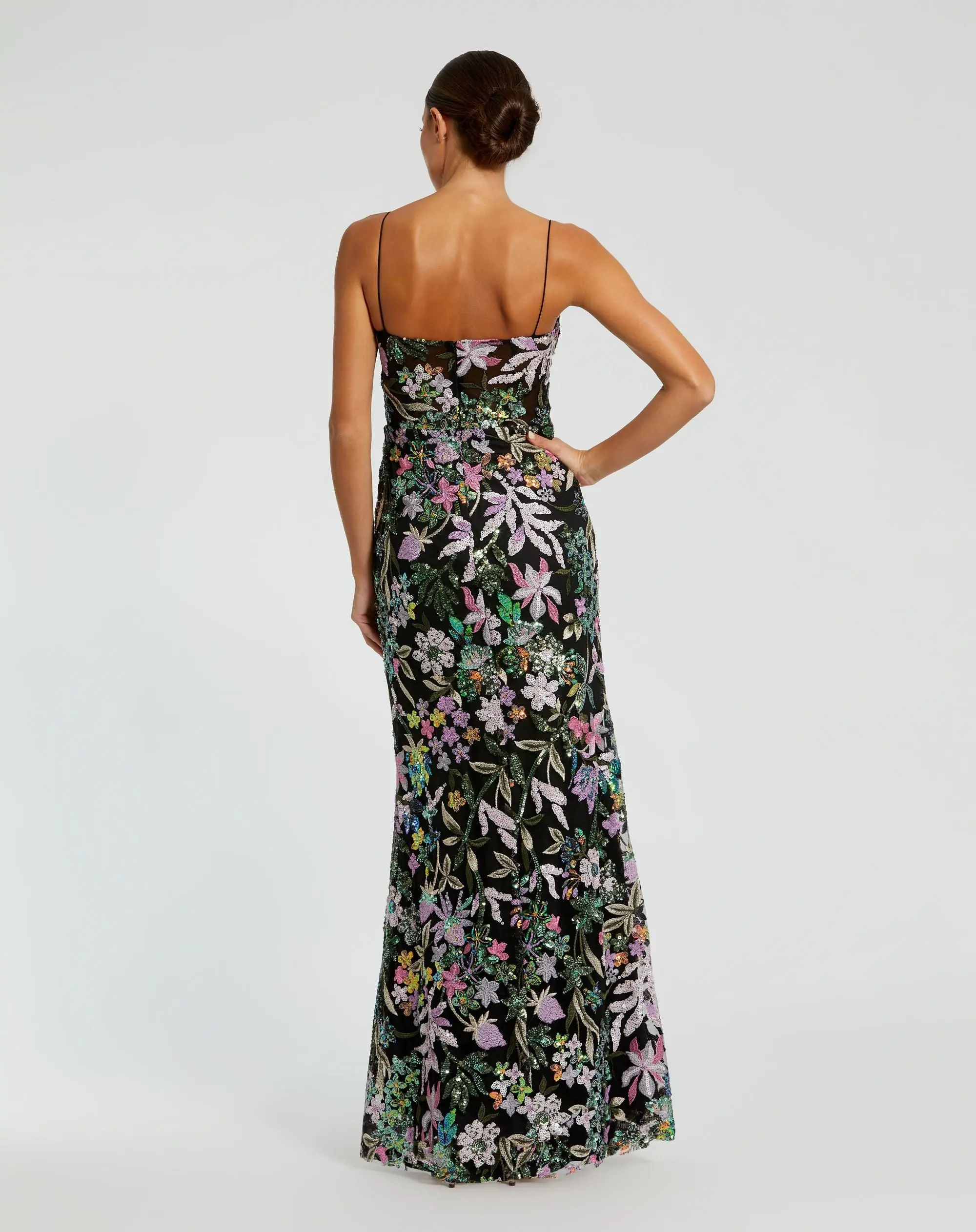 Black Multicolor Embroidered Bustier Trumpet Gown - Image 3