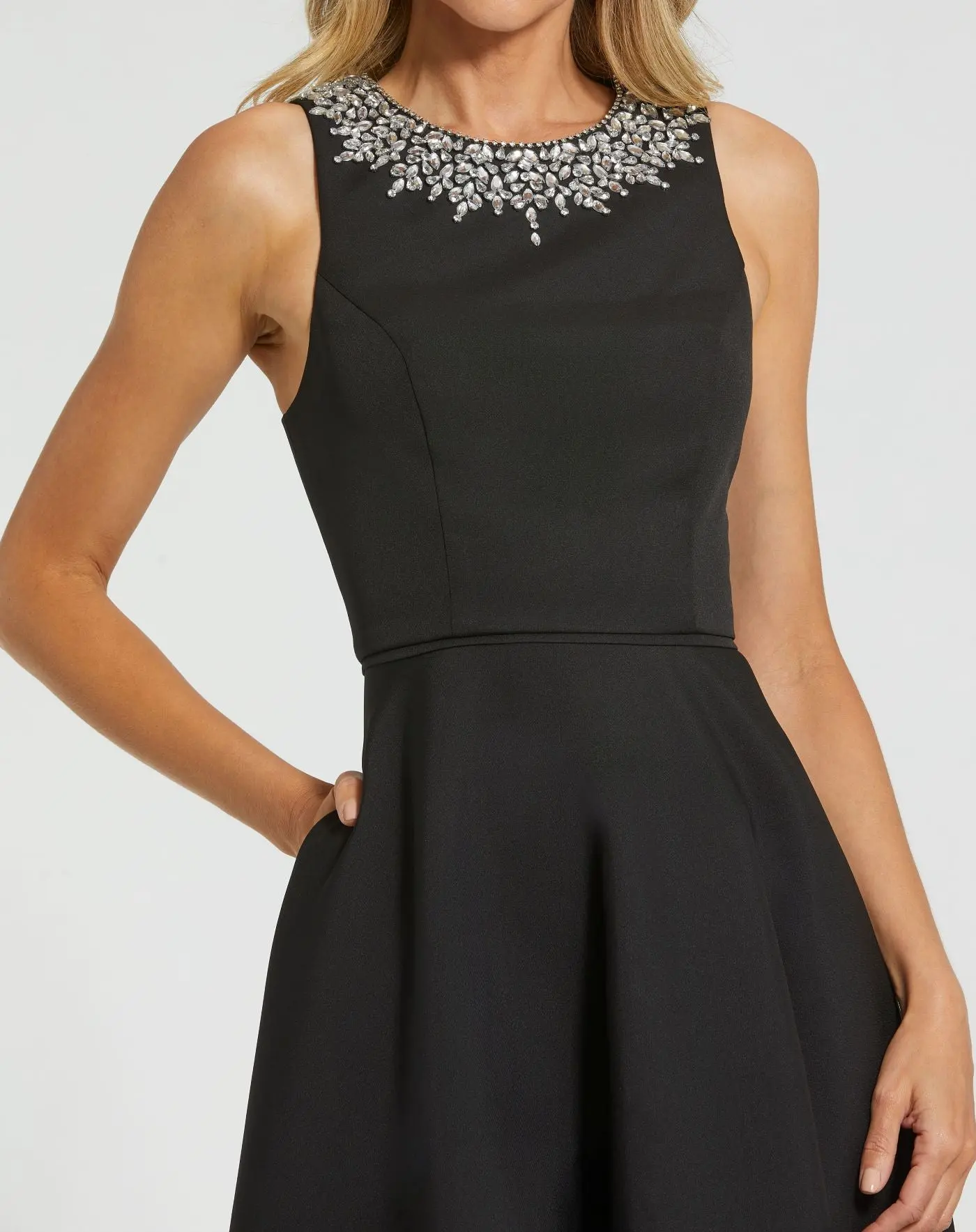 Black Crepe Embellished Neck High Low Gown - Image 2