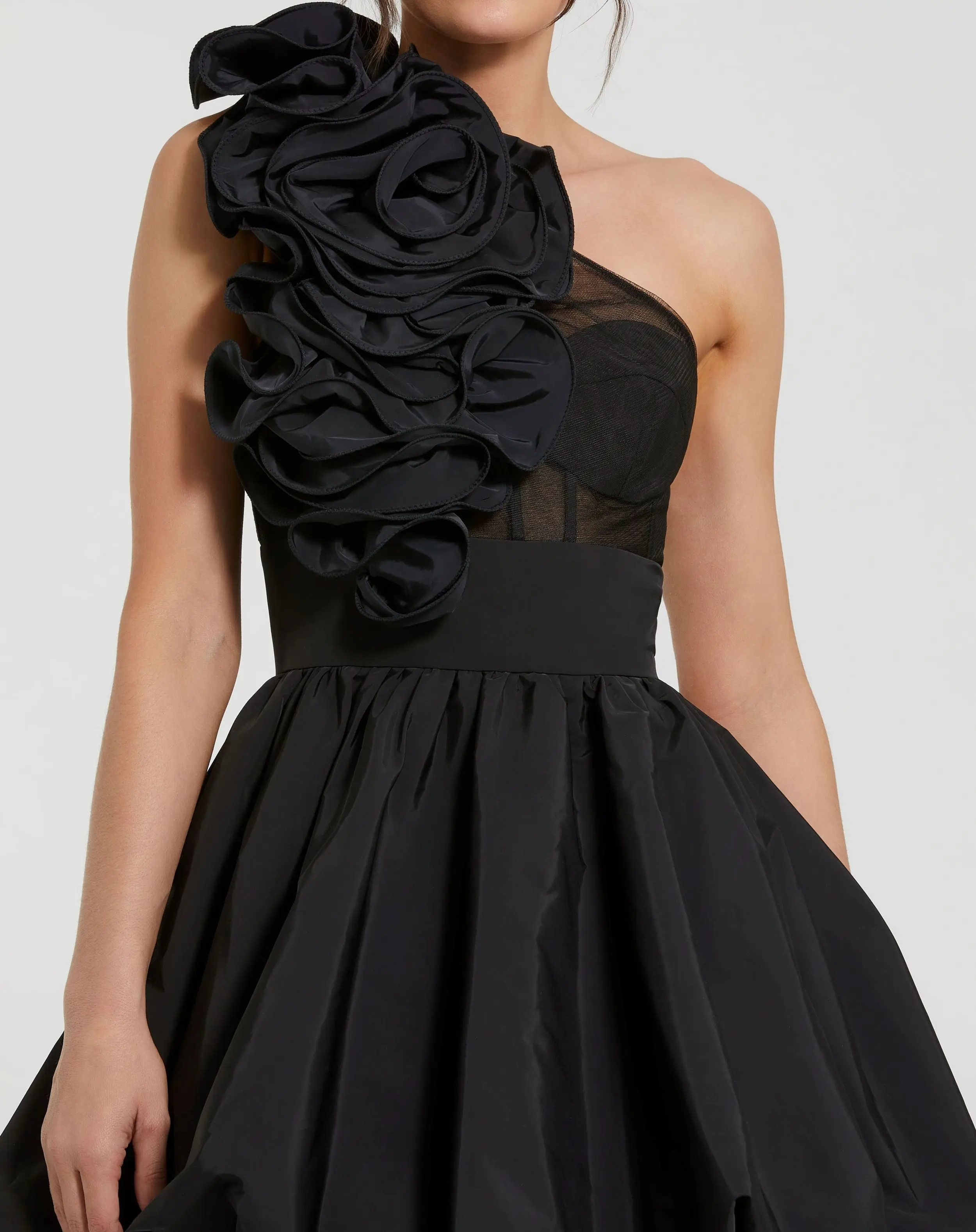 Black Taffeta One Shoulder Ruffle Bubble Mini Dress - Image 2