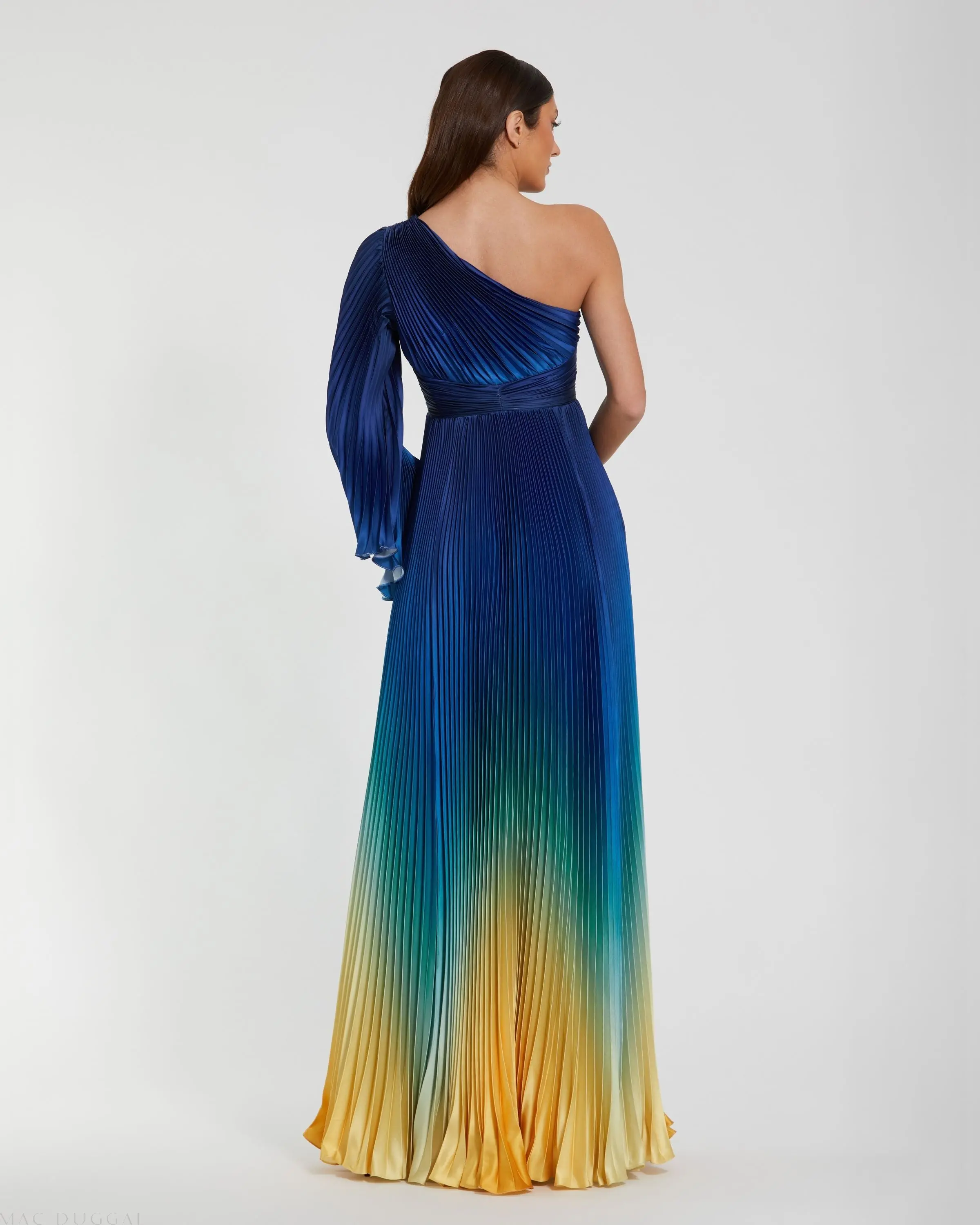 Blue Pleated Charmeuse One Shoulder Ombre Gown - Image 3