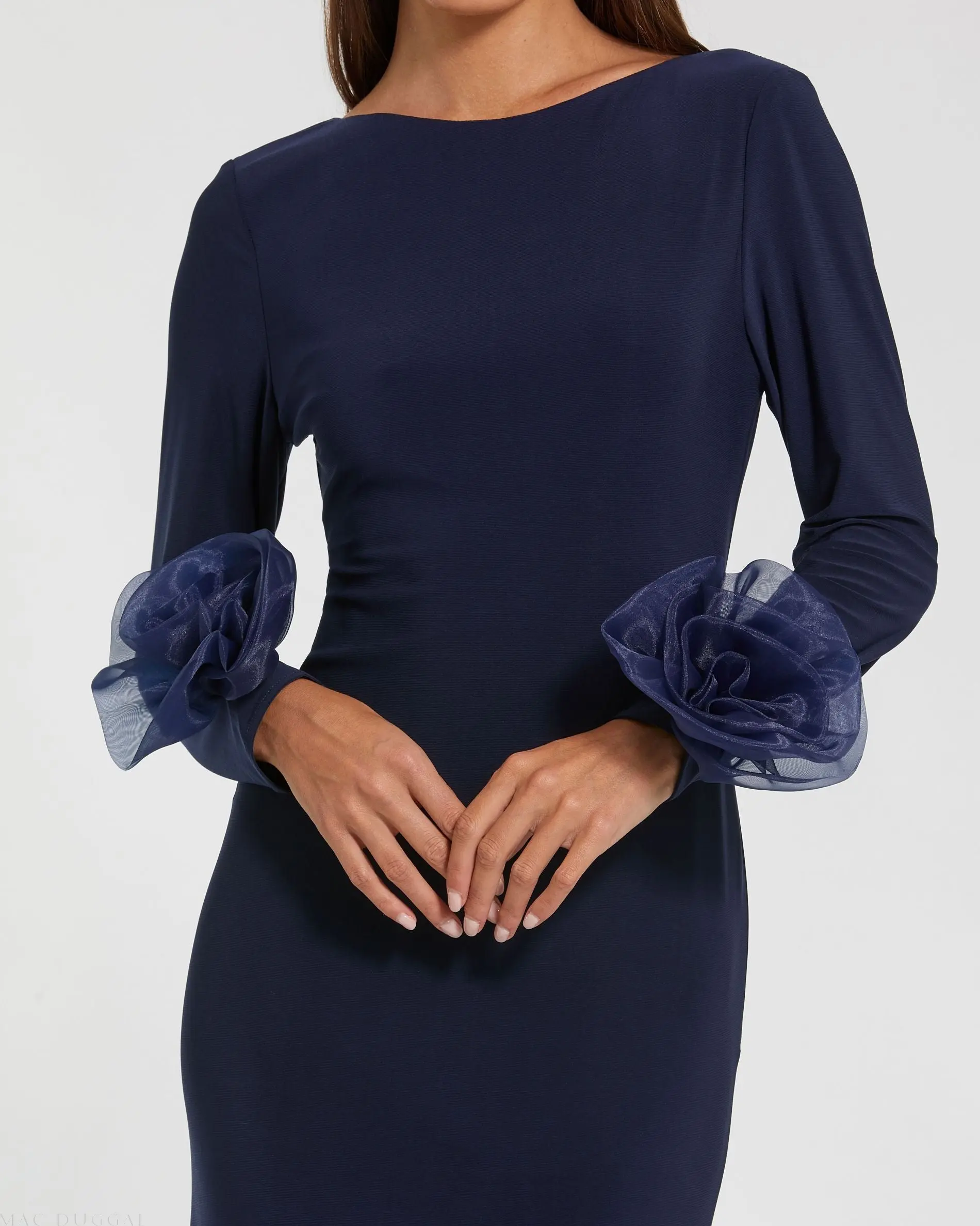 Navy Long Sleeve Fitted Jersey Gown With 3D Flowers - Image 2