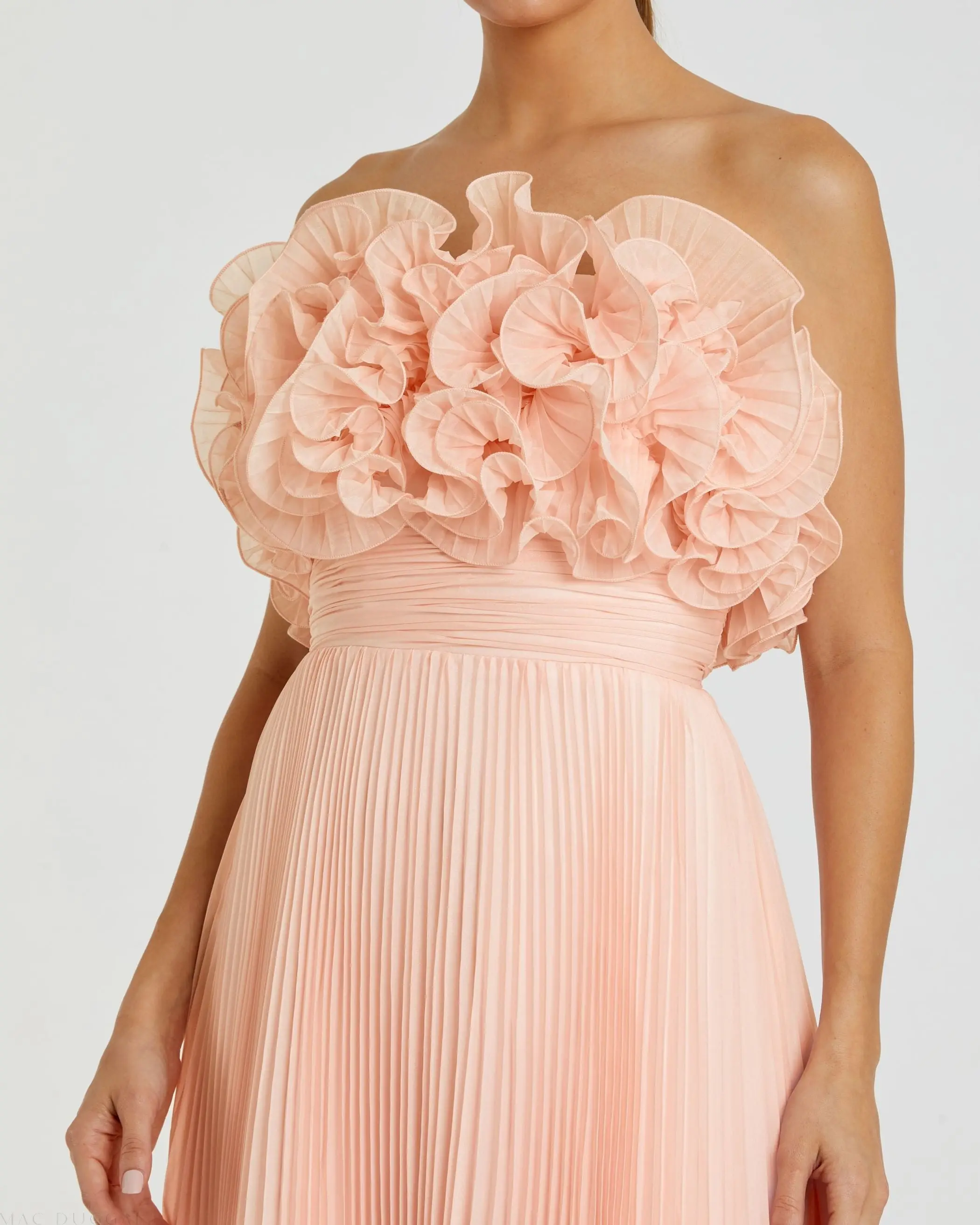 Pink Pleated Chiffon Strapless Gown With Ruffles - Image 2