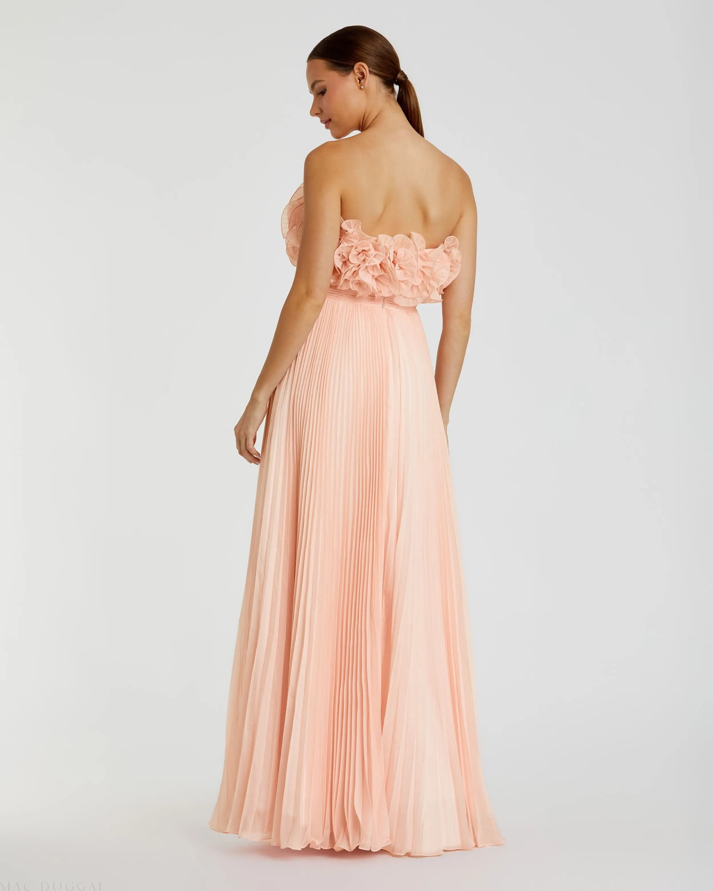 Pink Pleated Chiffon Strapless Gown With Ruffles - Image 3