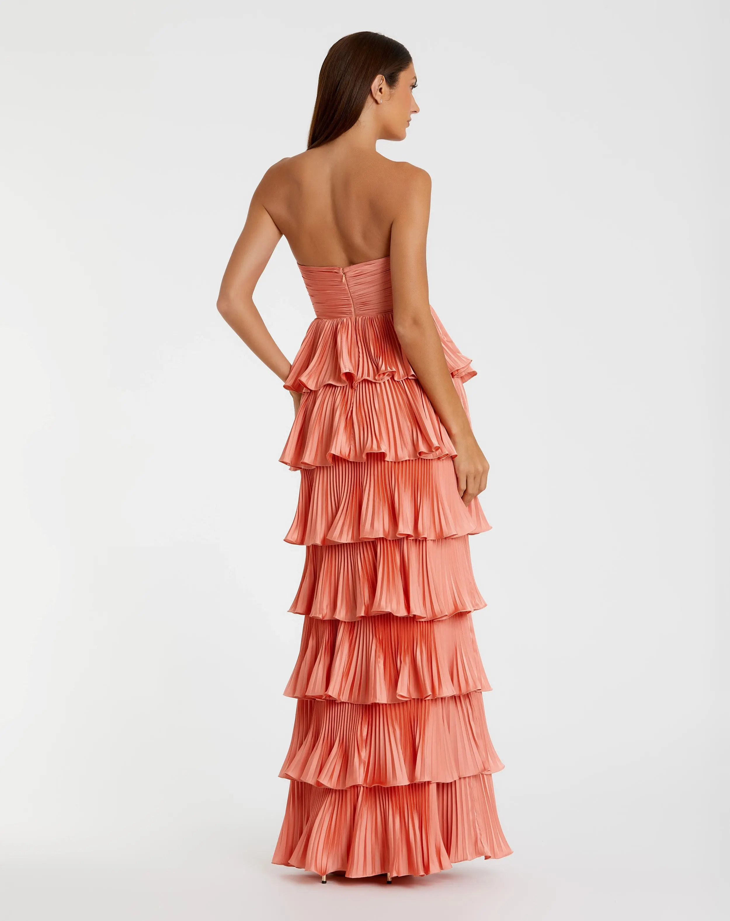 Pink Pleated Charmeuse Strapless Tiered Ruffle Gown - Image 3