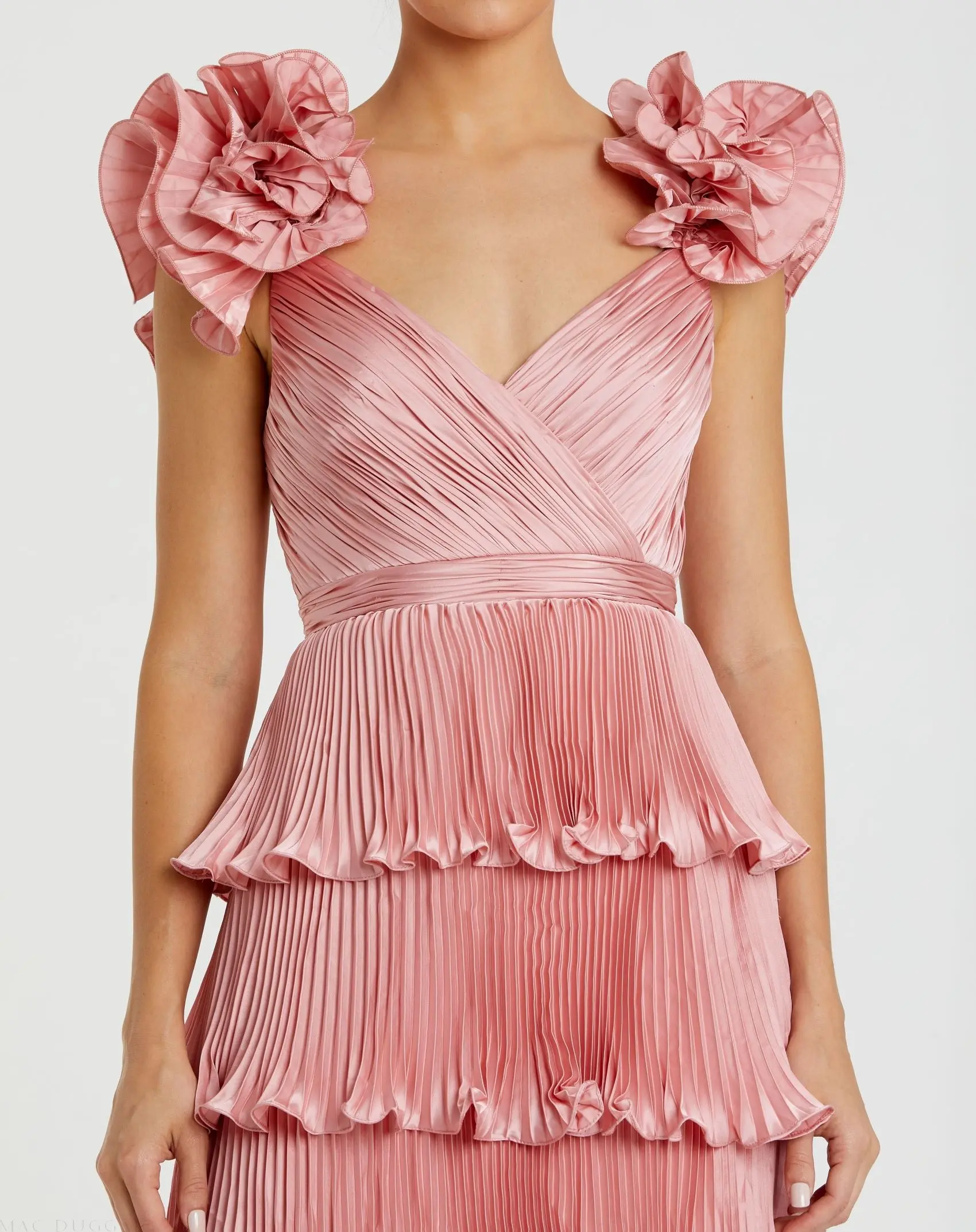 Pink Pleated Charmeuse Tiered Gown With Ruffle Straps - Image 2