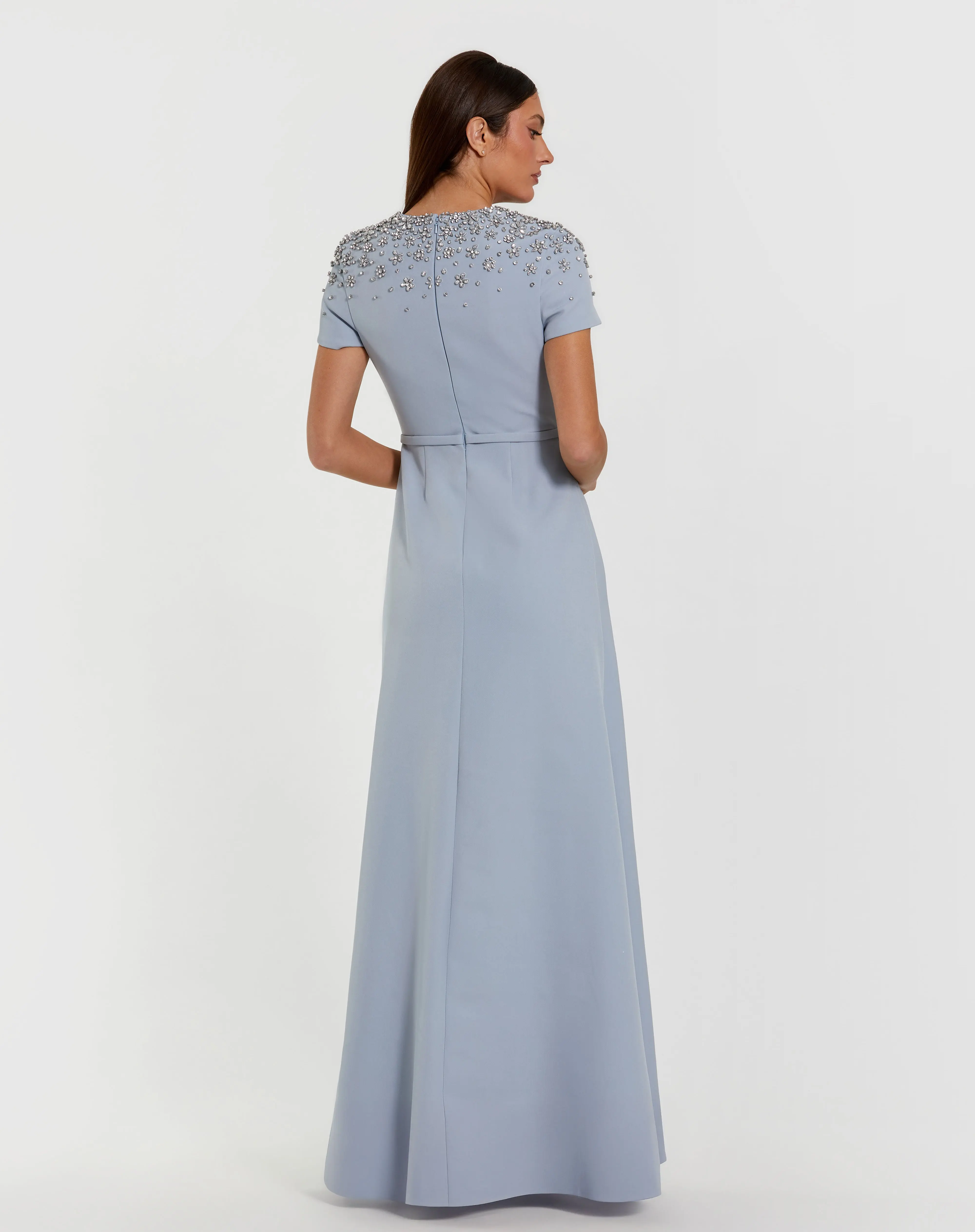 Blue High Neck Rhinestone Embellished Crepe Gown - Image 3
