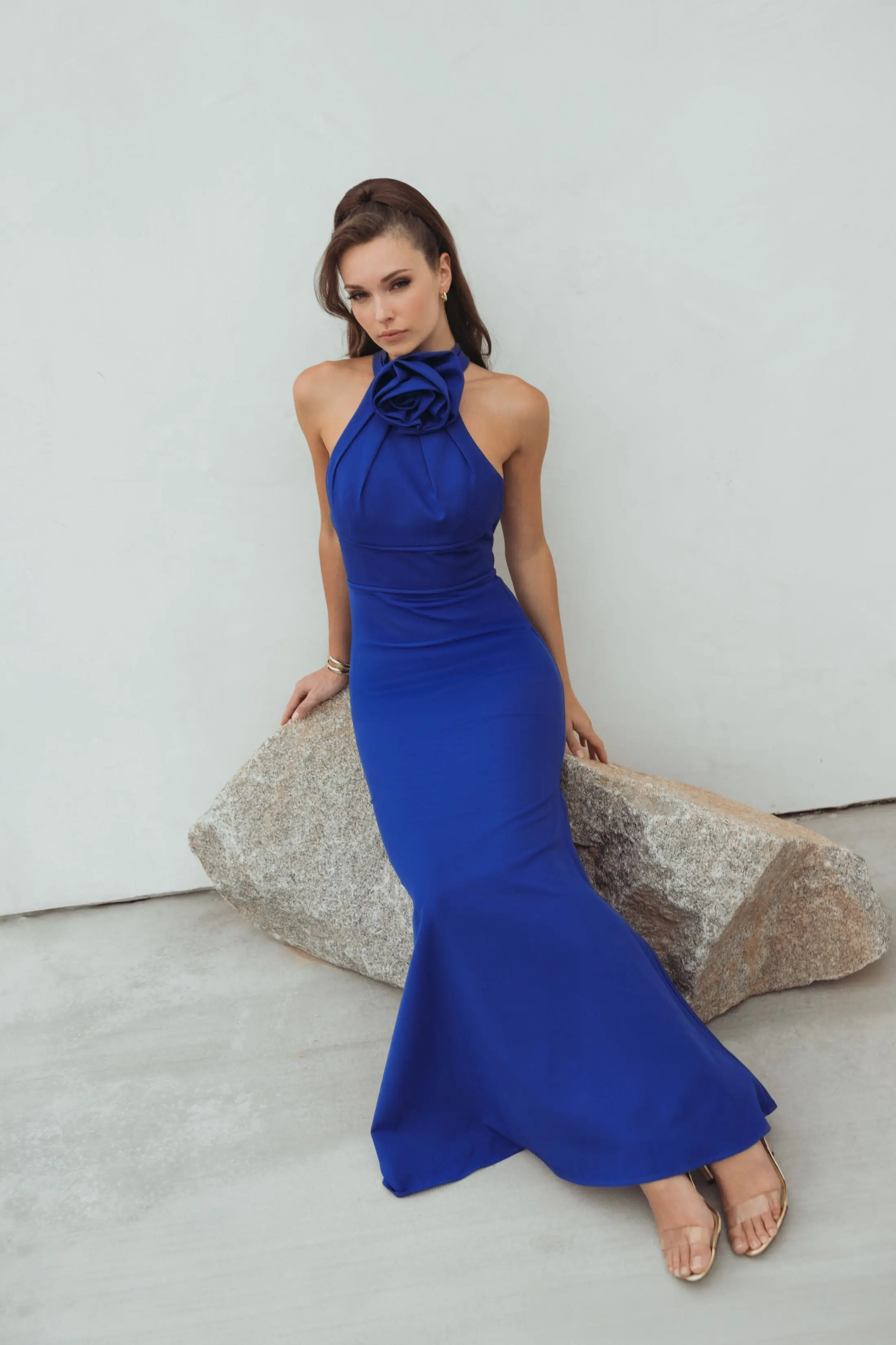 Blue Sleeveless Halter Neck Gown with Rosette Detail - Image 6