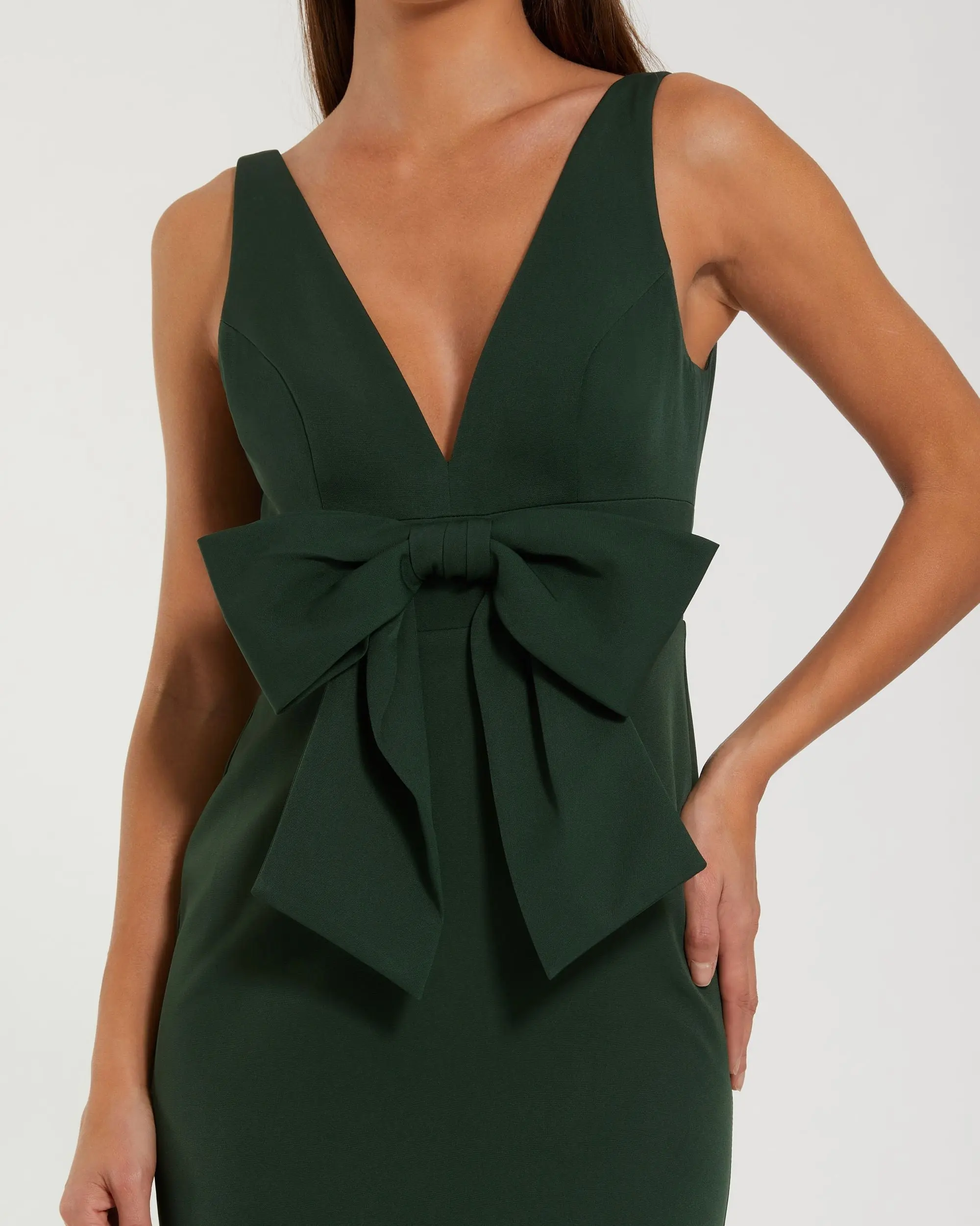 Green Crepe Sleeveless V-Neck Gown with Bow - Image 2