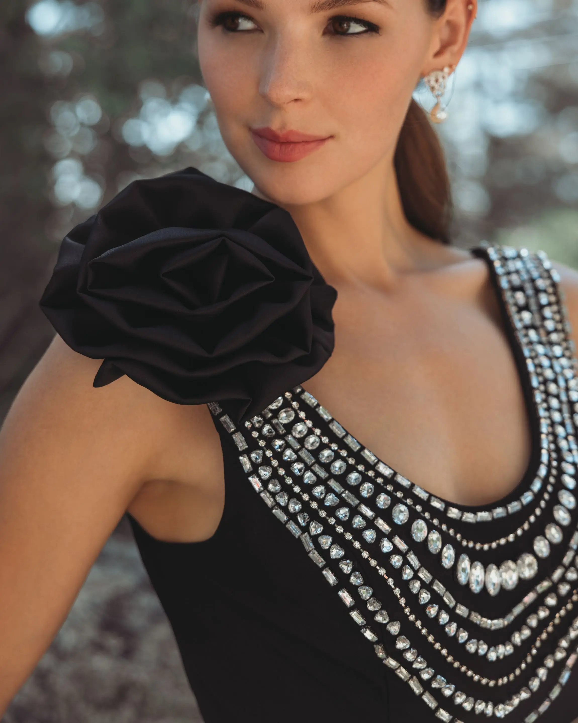 Black Beaded Scoop Neck Jersey Gown With 3D Flower - Image 5