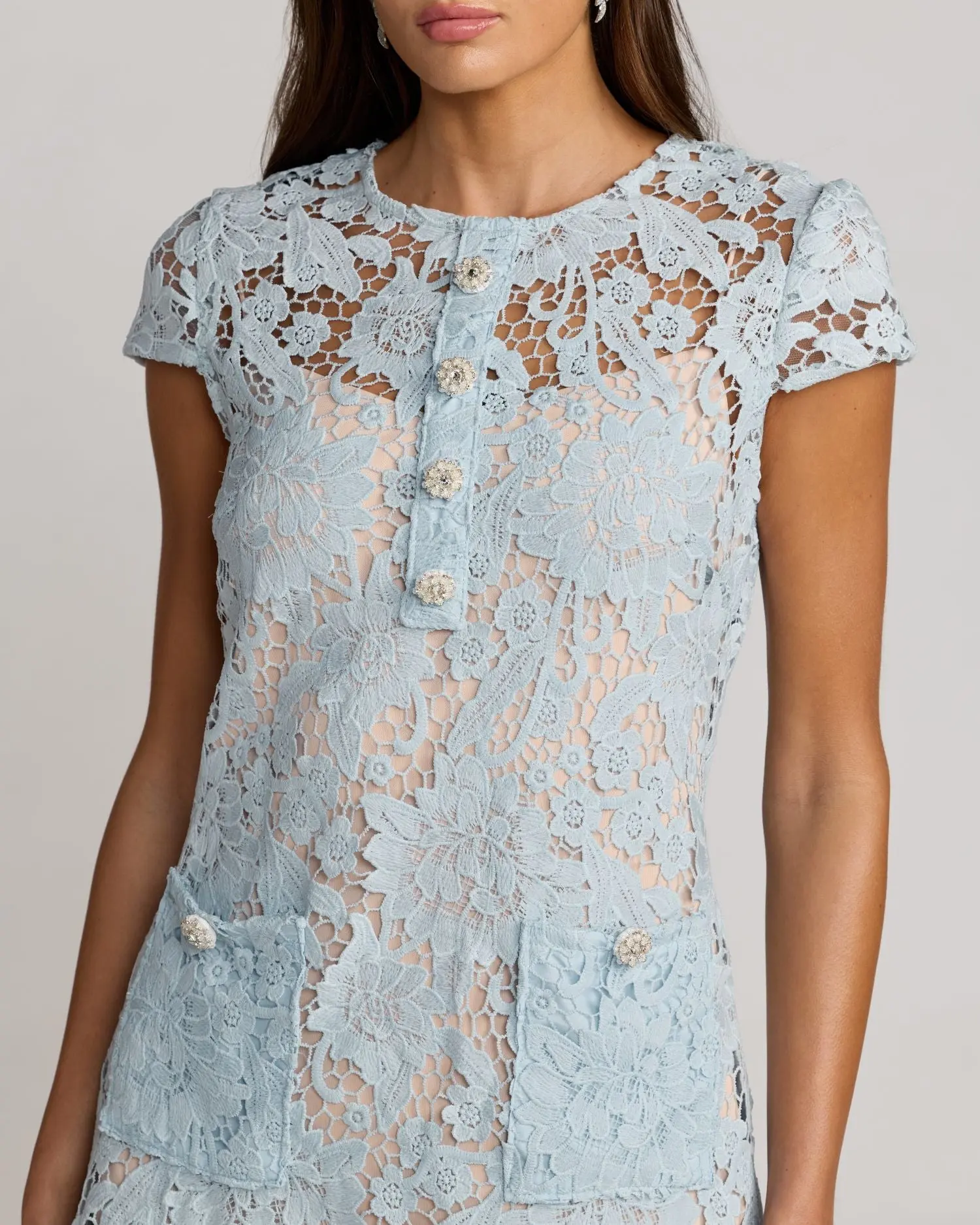 Blue Lace Button Front Mini Dress - Image 3