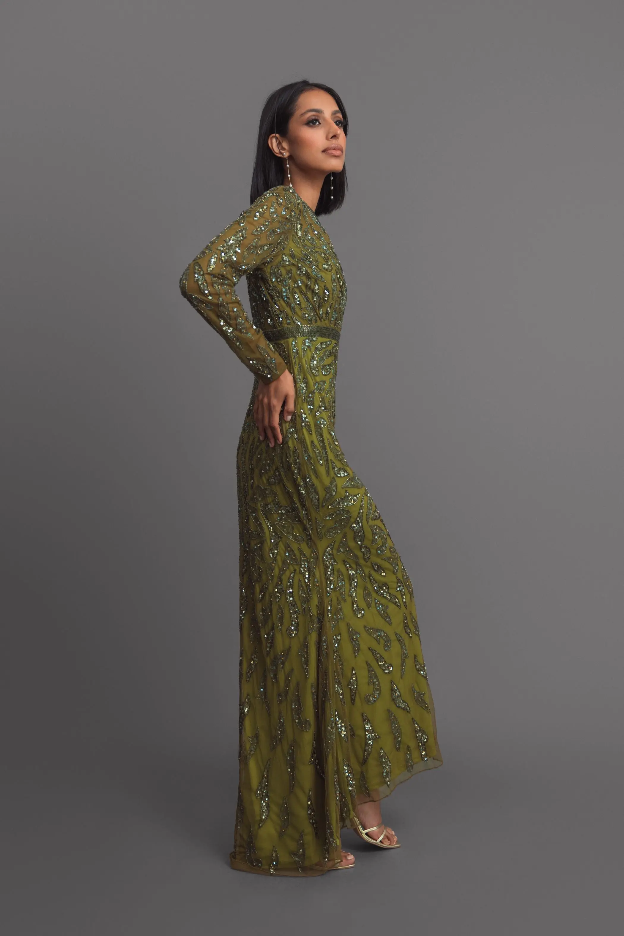 Green Long Sleeve Beaded Evening Gown - Image 6