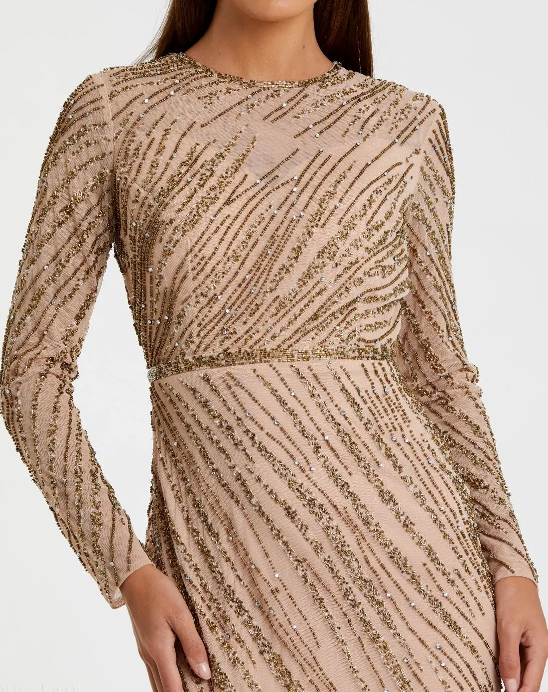 Beige Long Sleeve Beaded Column Gown - FINAL SALE - Image 2