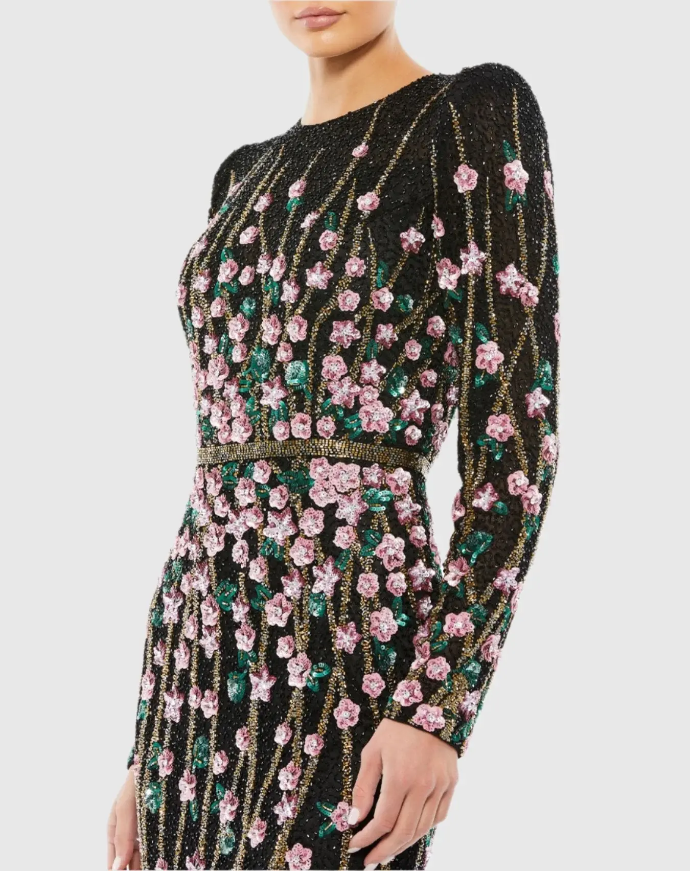 Black Embellished High Neck Long Sleeve Gown - Image 2
