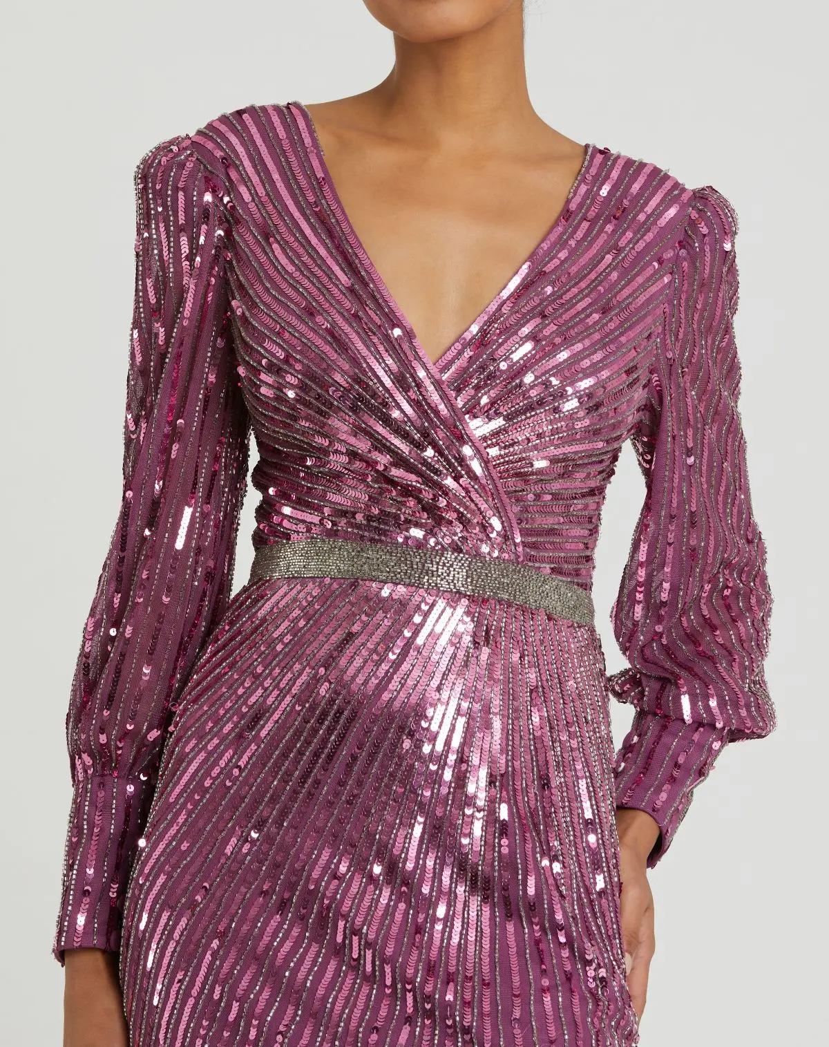 Purple Sequined Wrap Over Bishop Sleeve Gown - Image 2