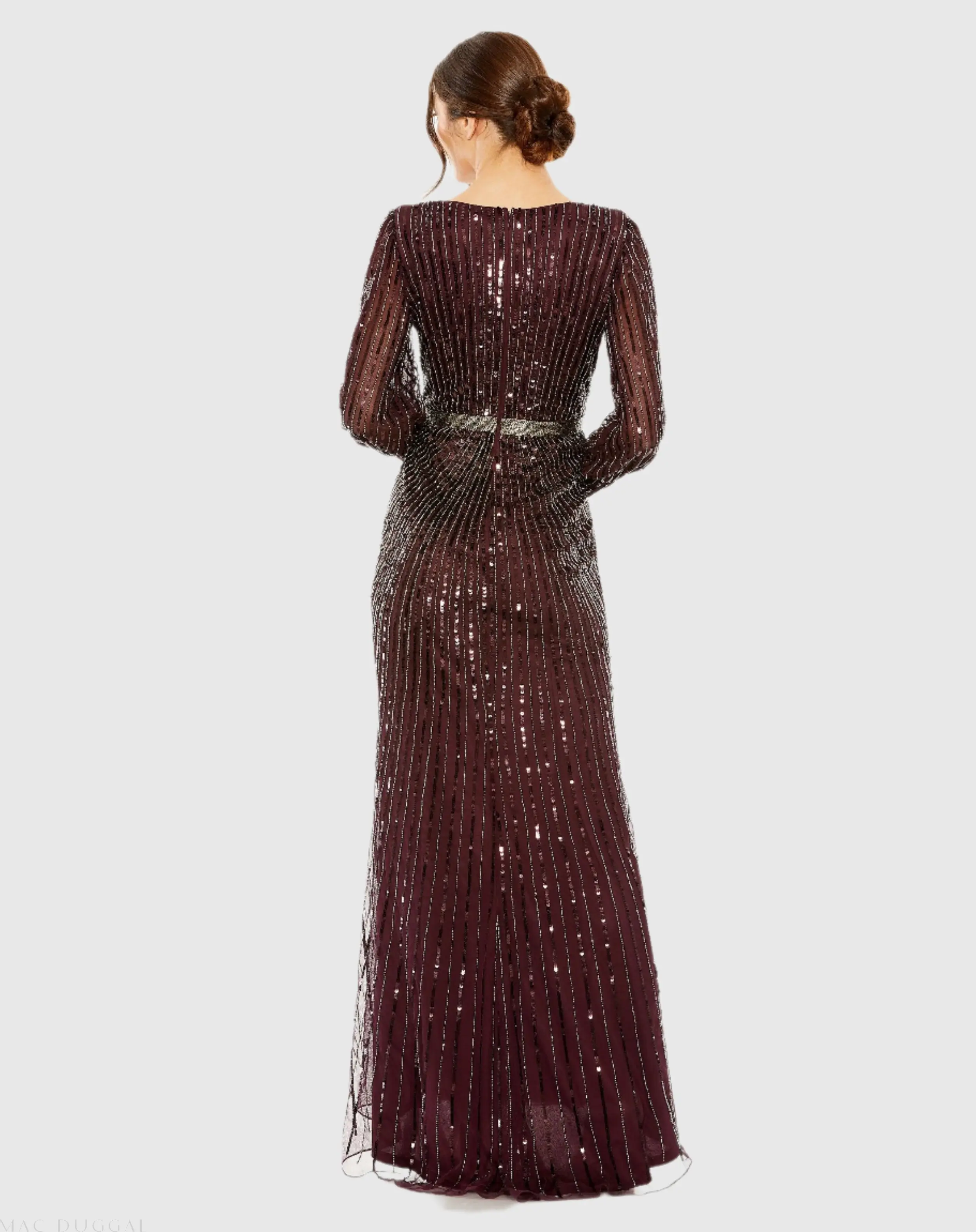 Red Sequined Wrap Over Bishop Sleeve Gown - Image 3