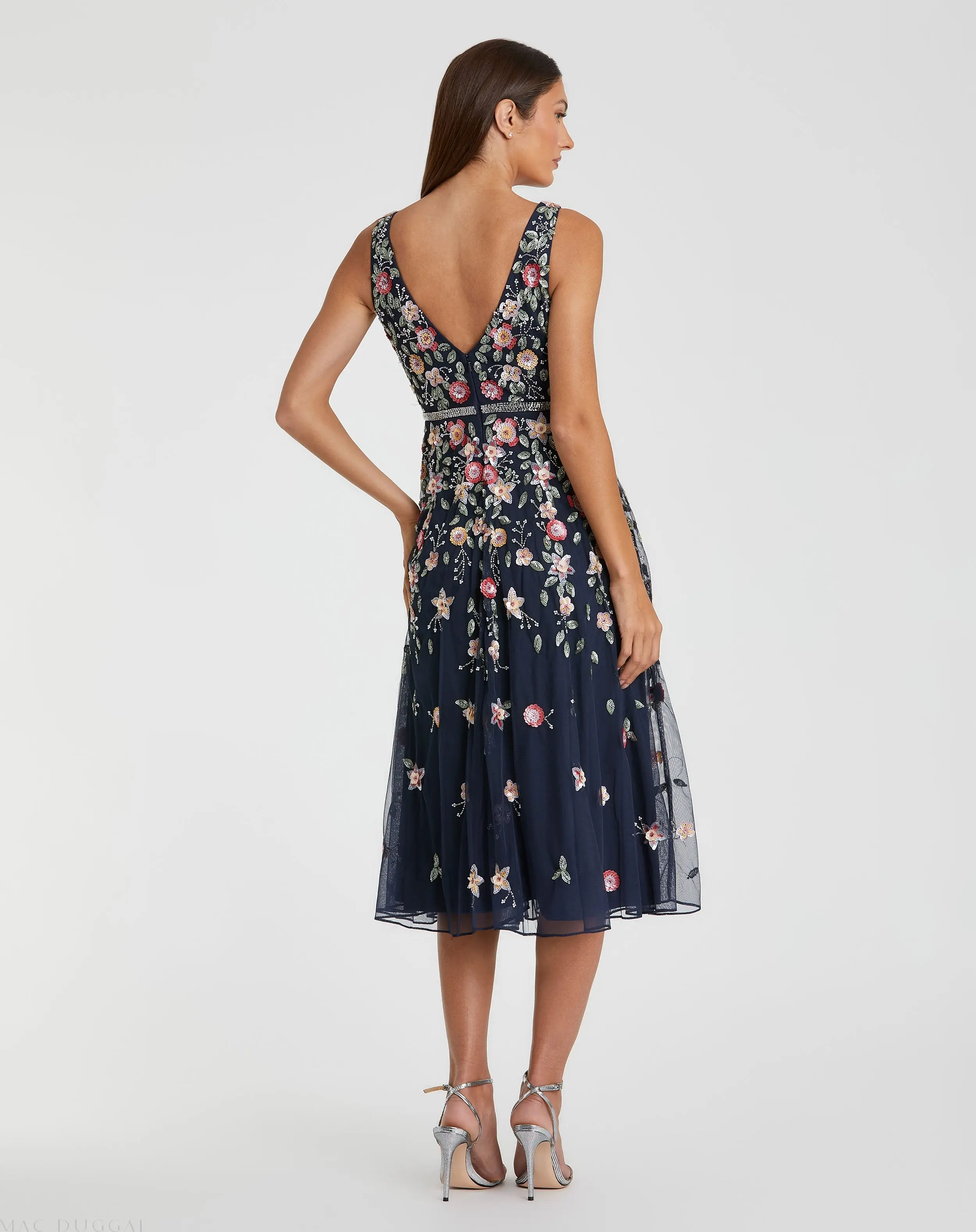 Navy V-Neck Sleeveless Midi Floral Beaded A-line Dress - Image 3