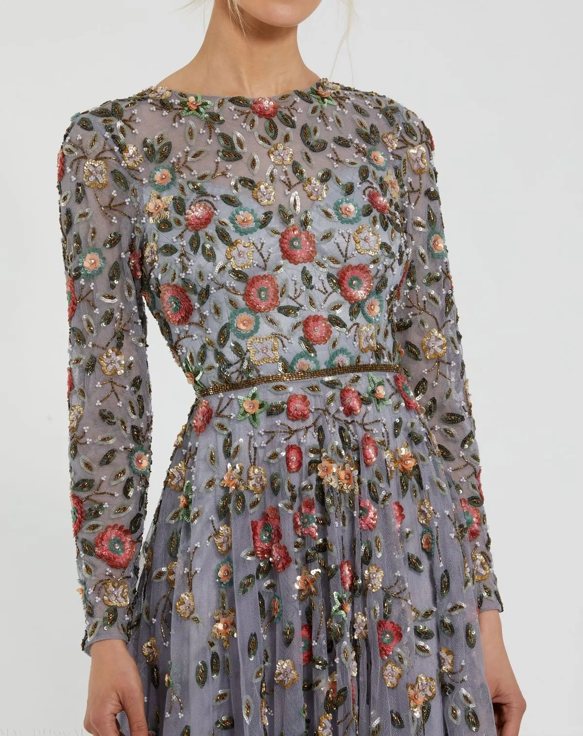Gray Embellished High Neck Long Sleeve A Line Gown - Image 2