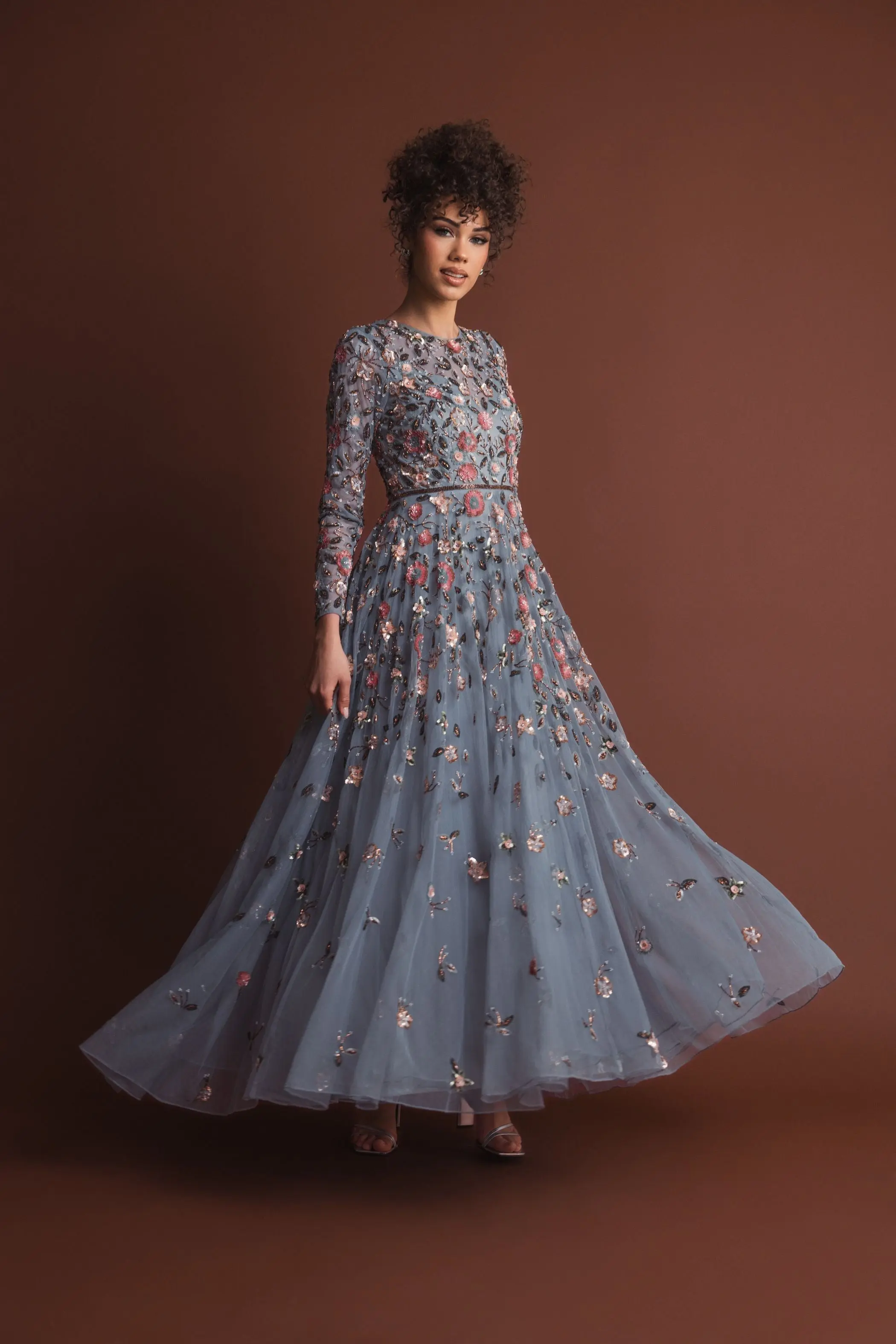 Gray Embellished High Neck Long Sleeve A Line Gown - Image 4