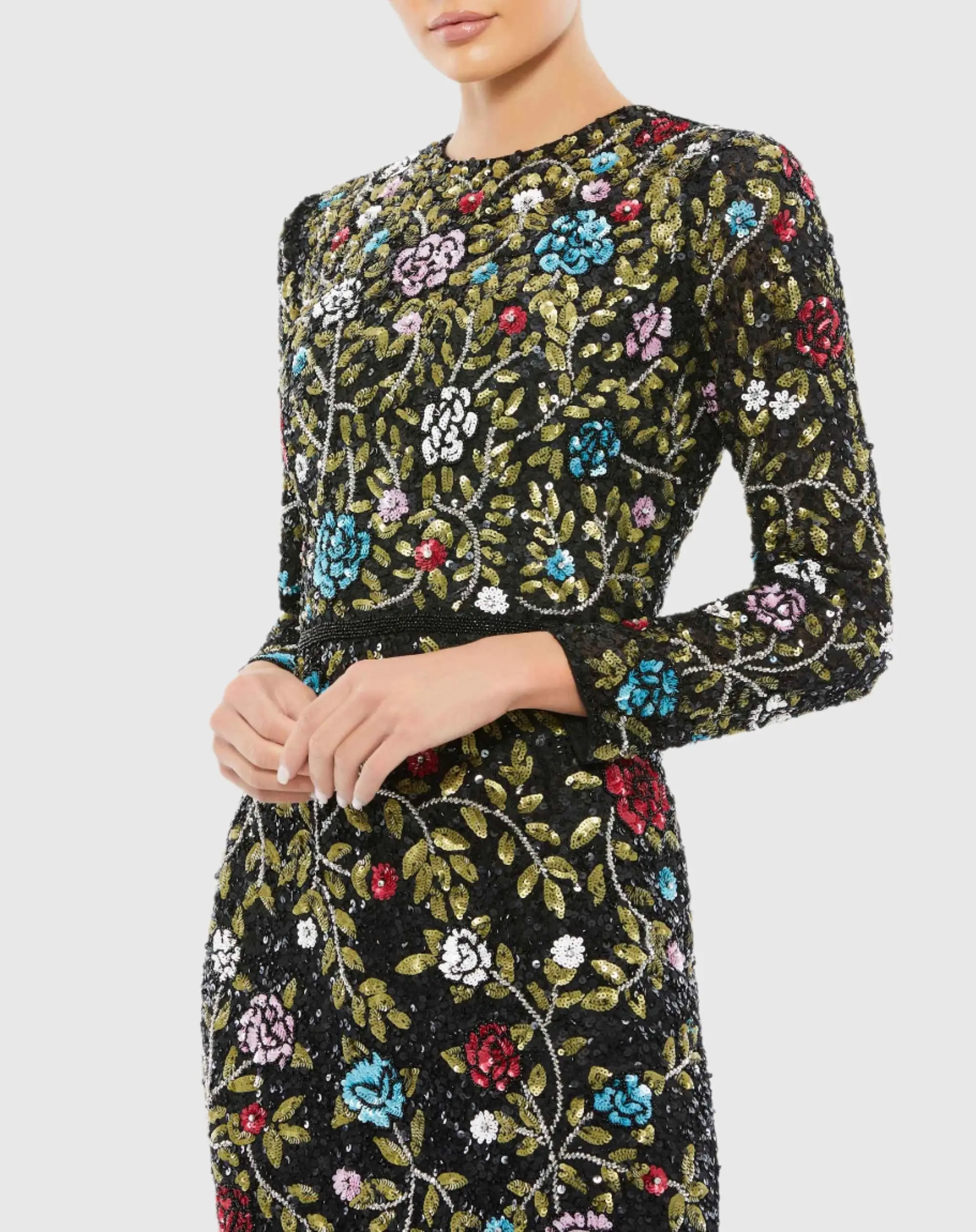 Black Floral Embellished Long Sleeve Gown - Image 2
