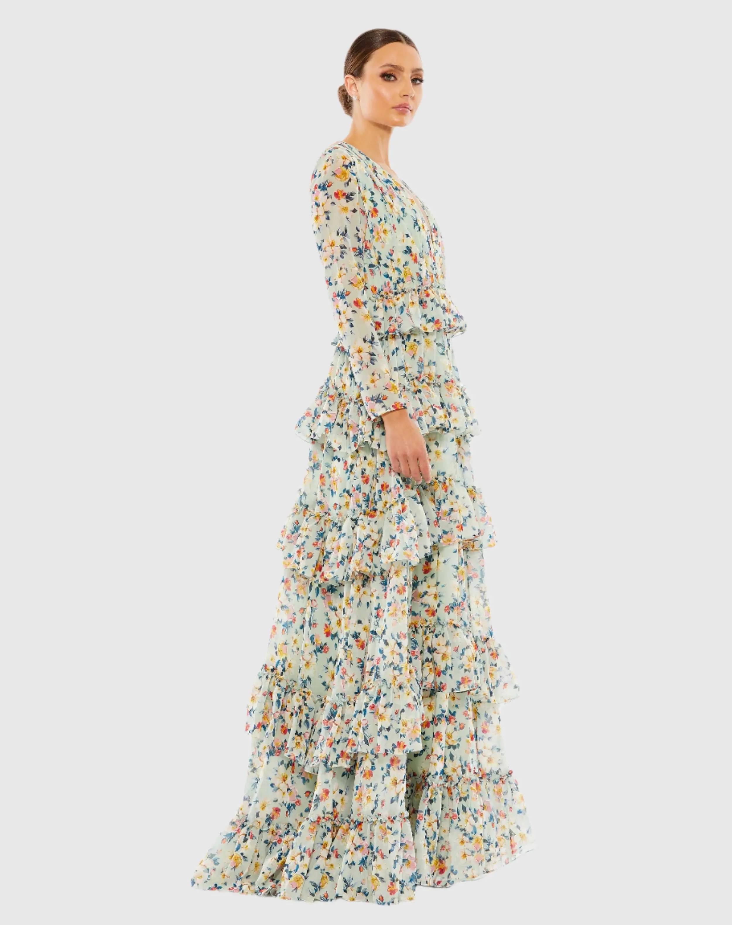 Green Floral Printed Tiered Ruffle Long Sleeve Gown - Image 3