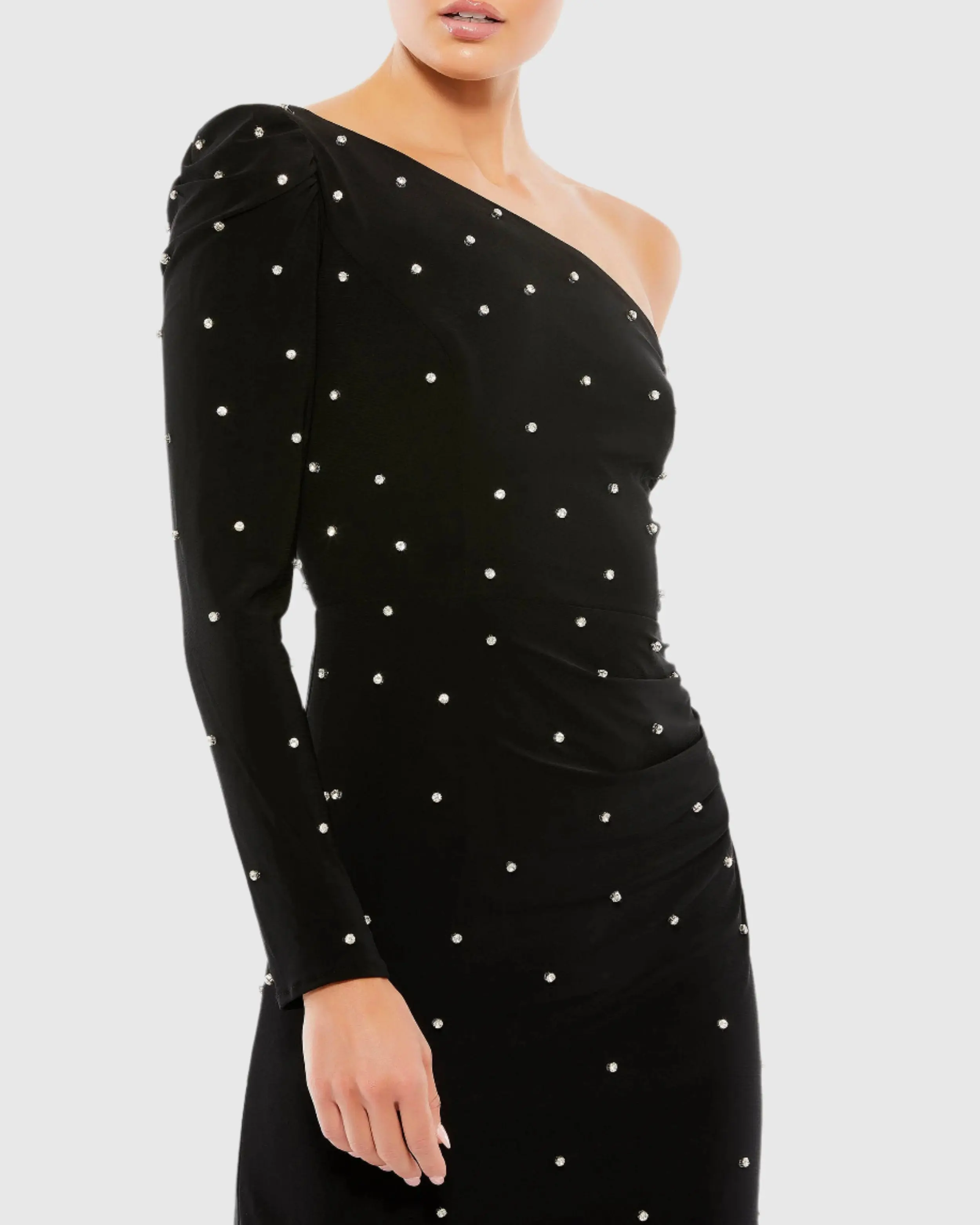 Black Rhinestone Encrusted One Shoulder Long Sleeve Mini Dress - Image 2