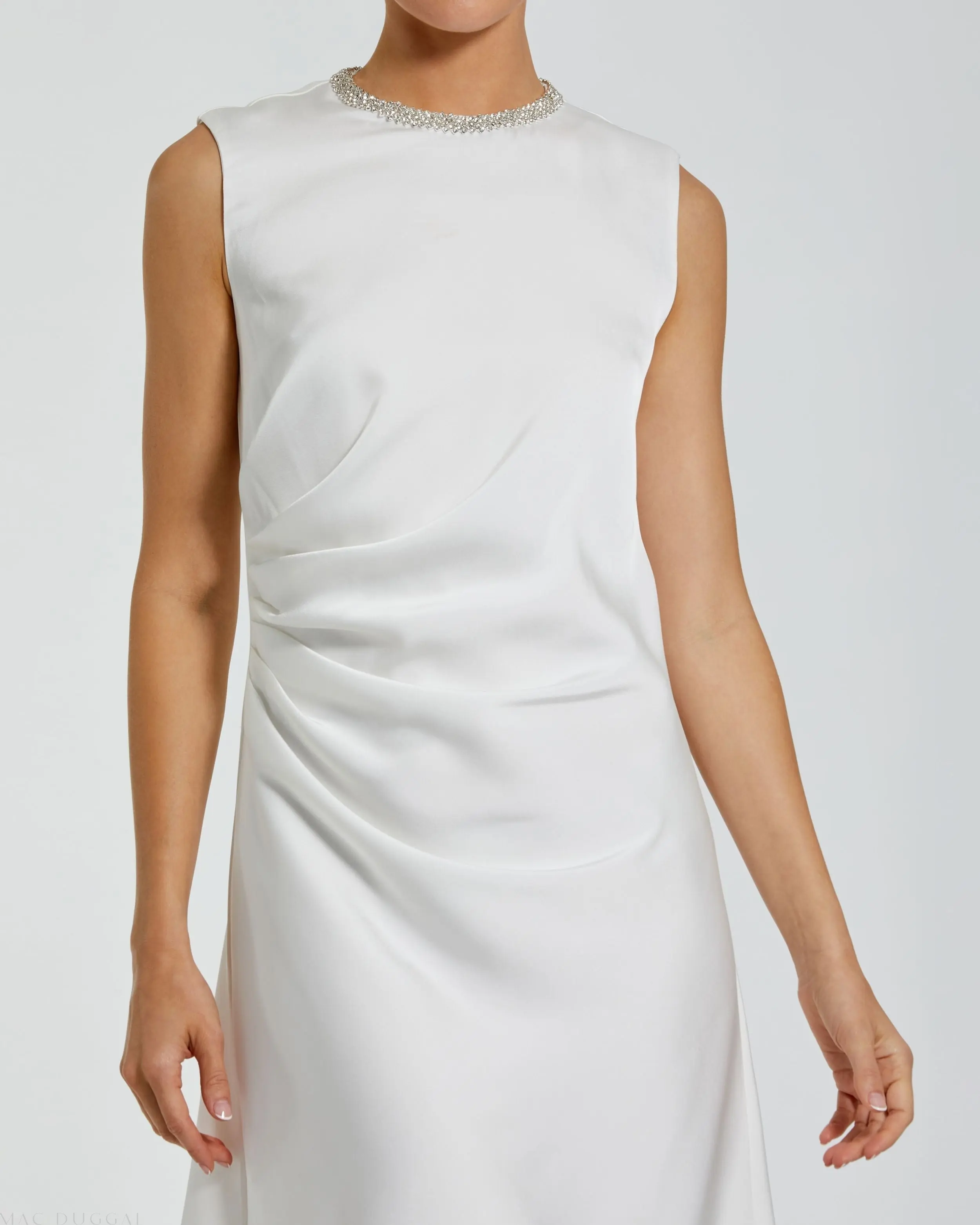 White Rhinestone Neckline Draped Mini Dress - Image 2