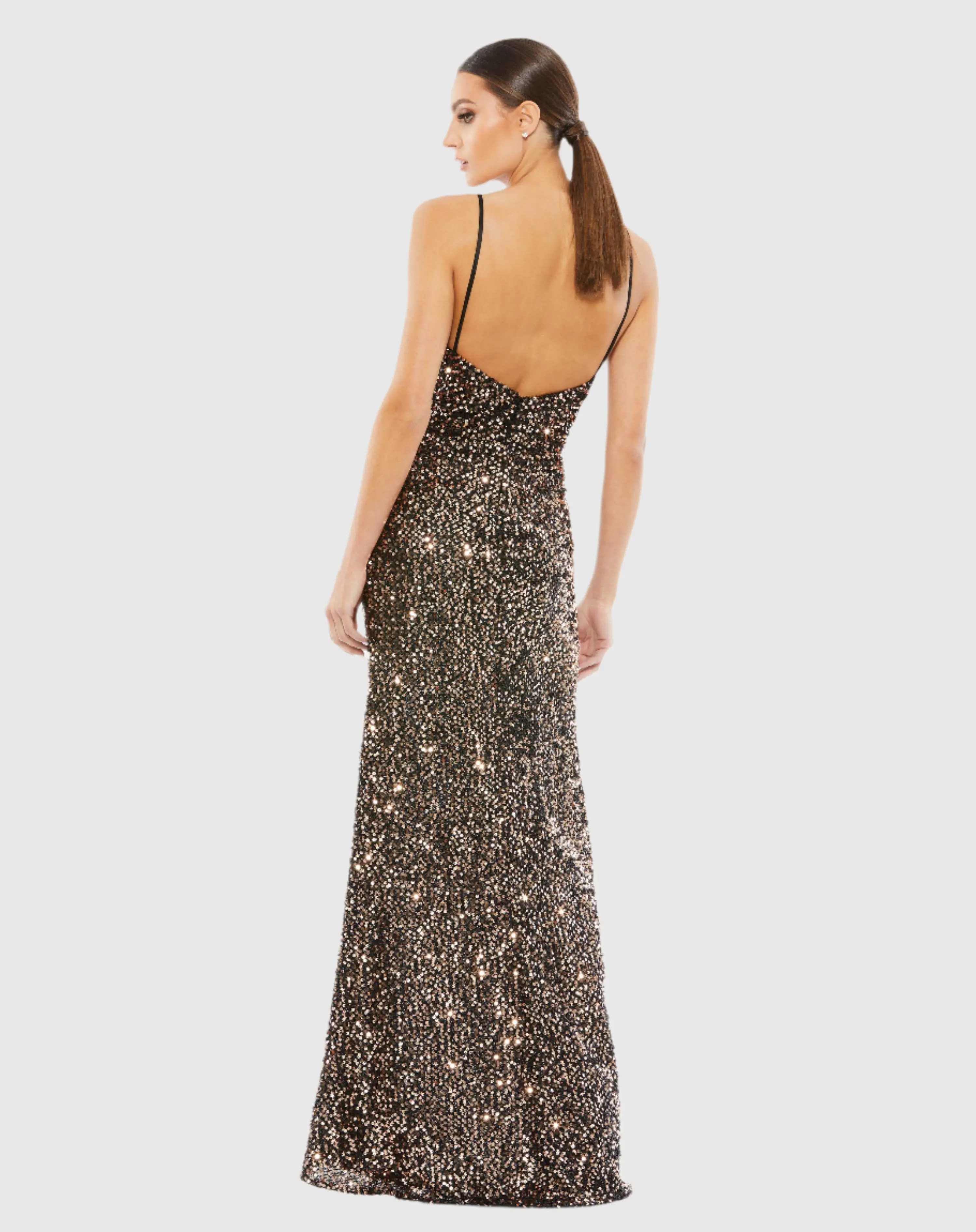 Black and Brown Gathered Waist Sequin Gown - Image 2