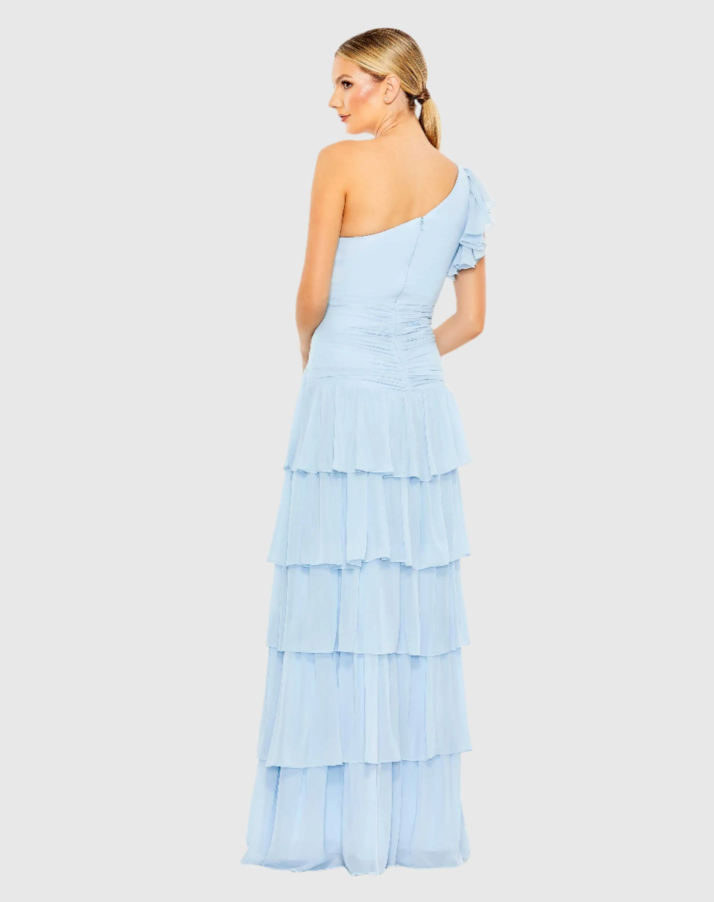 Blue Ruffle Tiered One Flutter Sleeve Gown - Image 3
