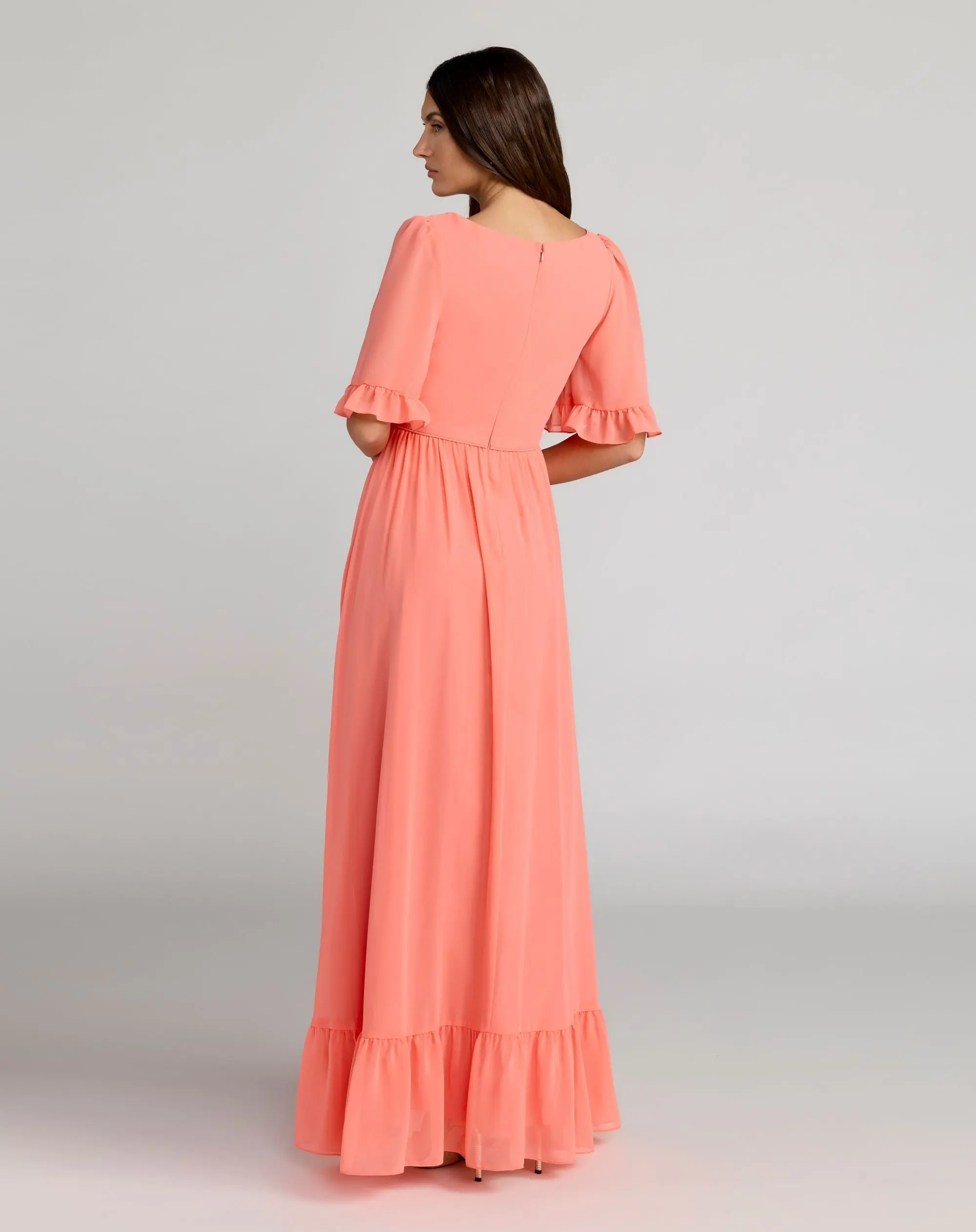 Pink Faux Wrap Ruffle Trim A-Line Gown - Image 3