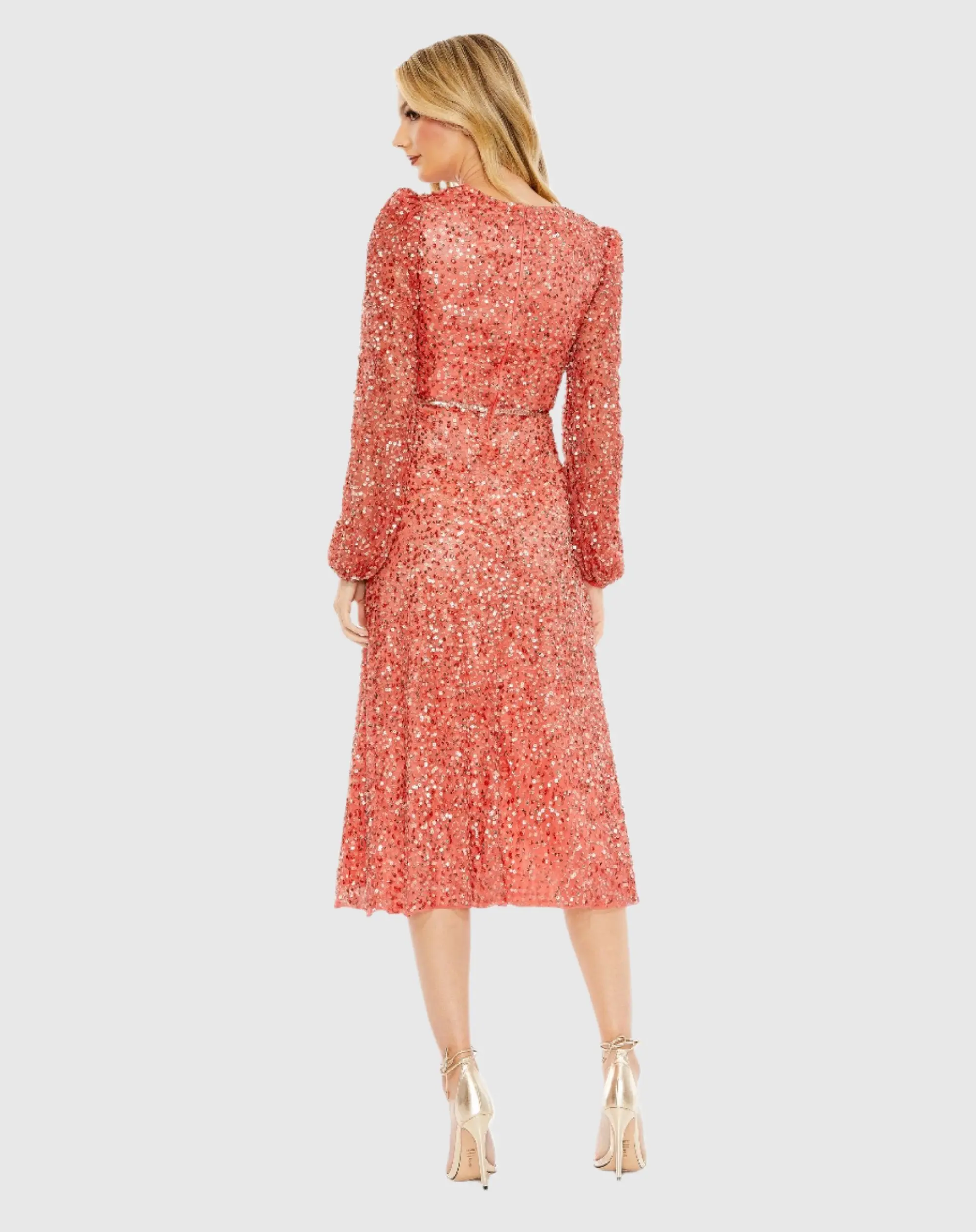 Red Sequined Puff Sleeve Wrap Over A Line Dress - FINAL SALE - Image 3