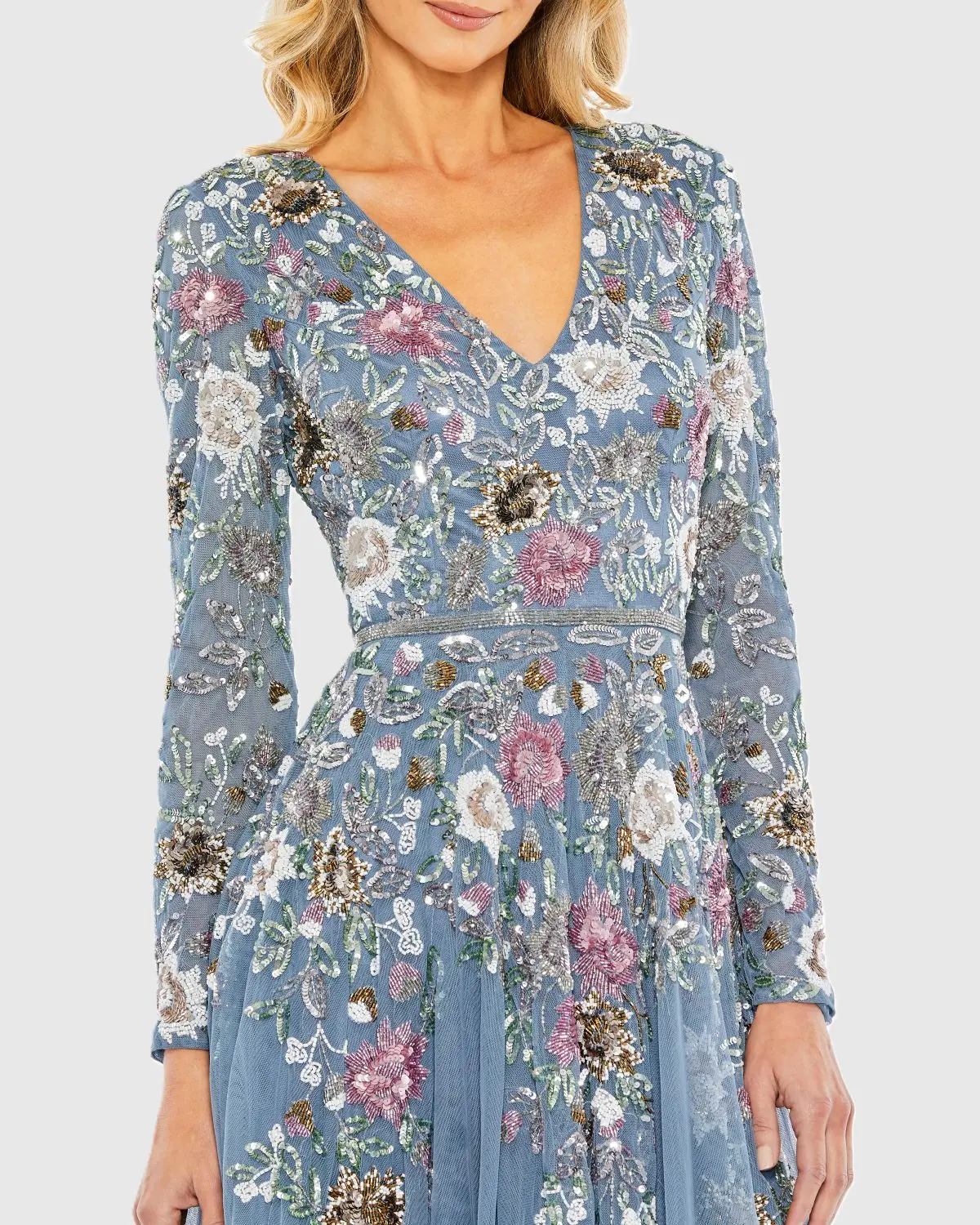 Blue Hand Embellished Floral V-Neck Long Sleeve Dress - Image 2