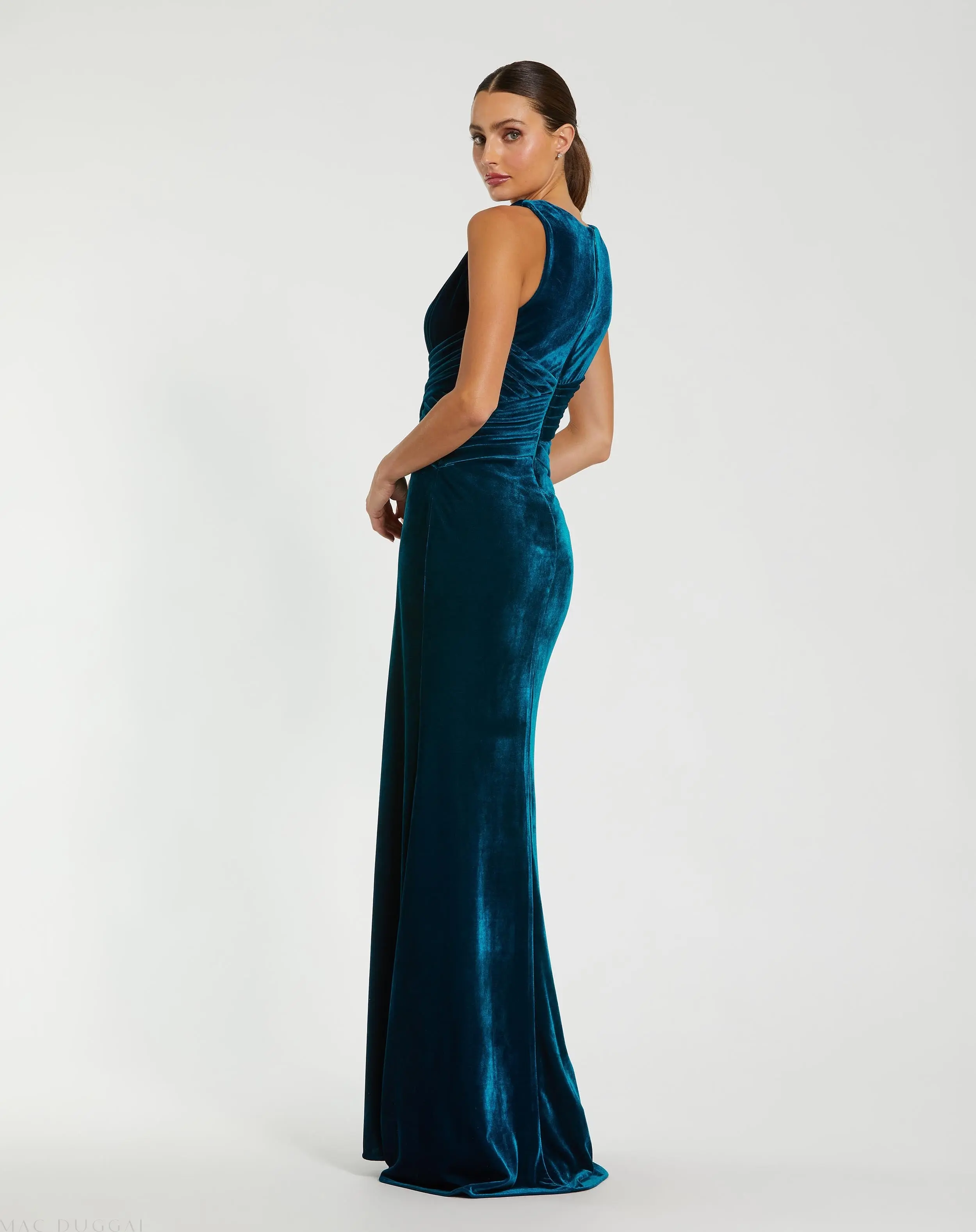 Blue Sleeveless Plunge Neck Pleated Velvet Gown - Image 3