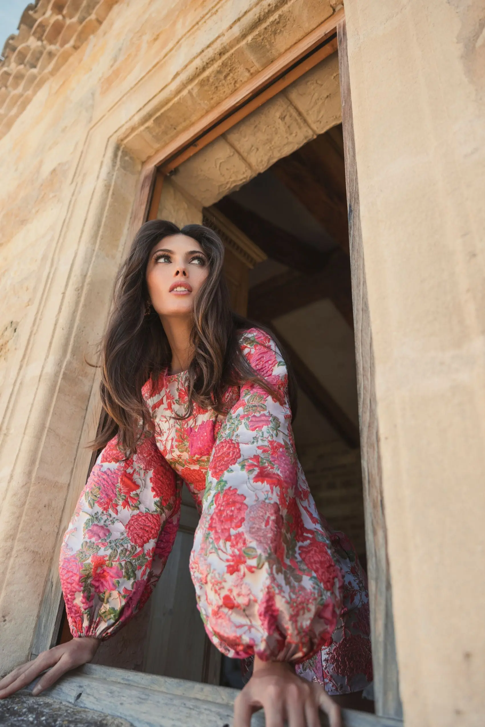 Pink Floral Brocade Balloon Sleeve Mini Dress - Image 5